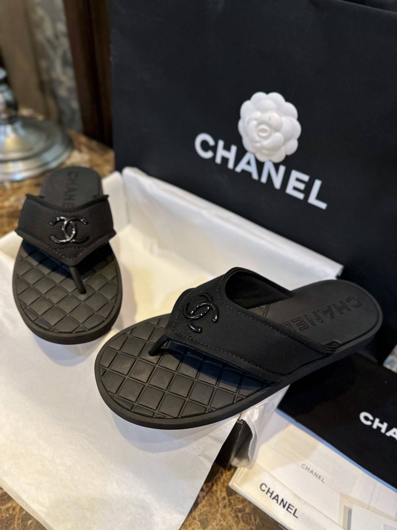 Chanel Black Air Cotton Beach Sandals with Matte Black Buckle and Durable Suede Sole