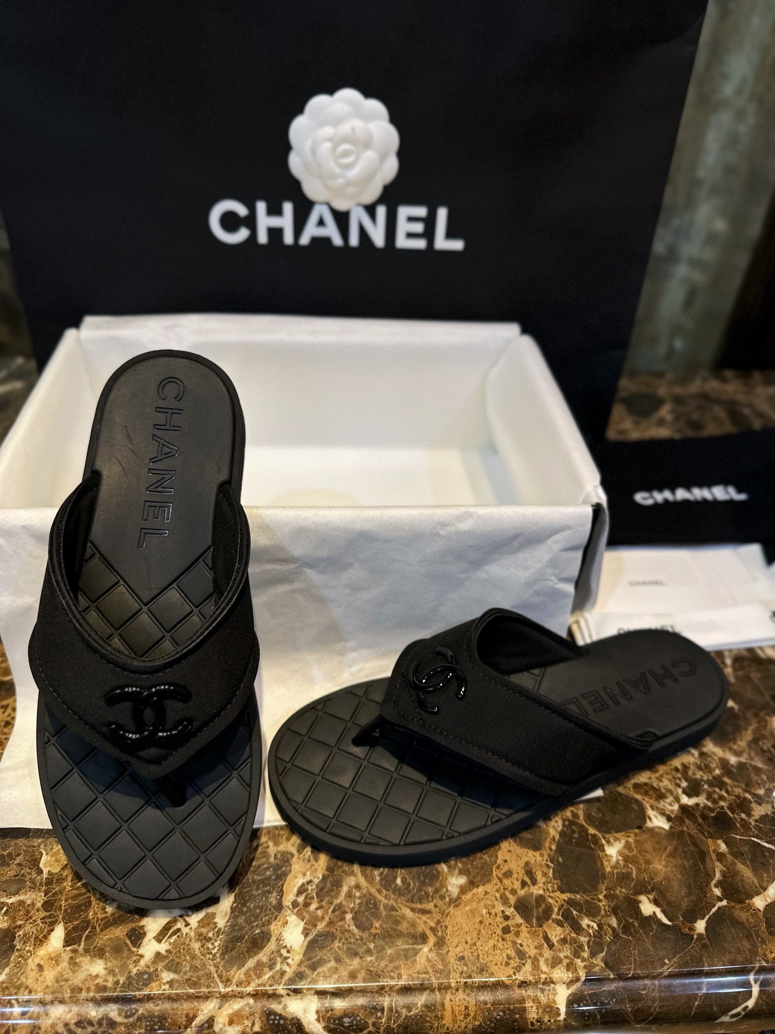 Chanel Black Air Cotton Beach Sandals with Matte Black Buckle and Durable Suede Sole