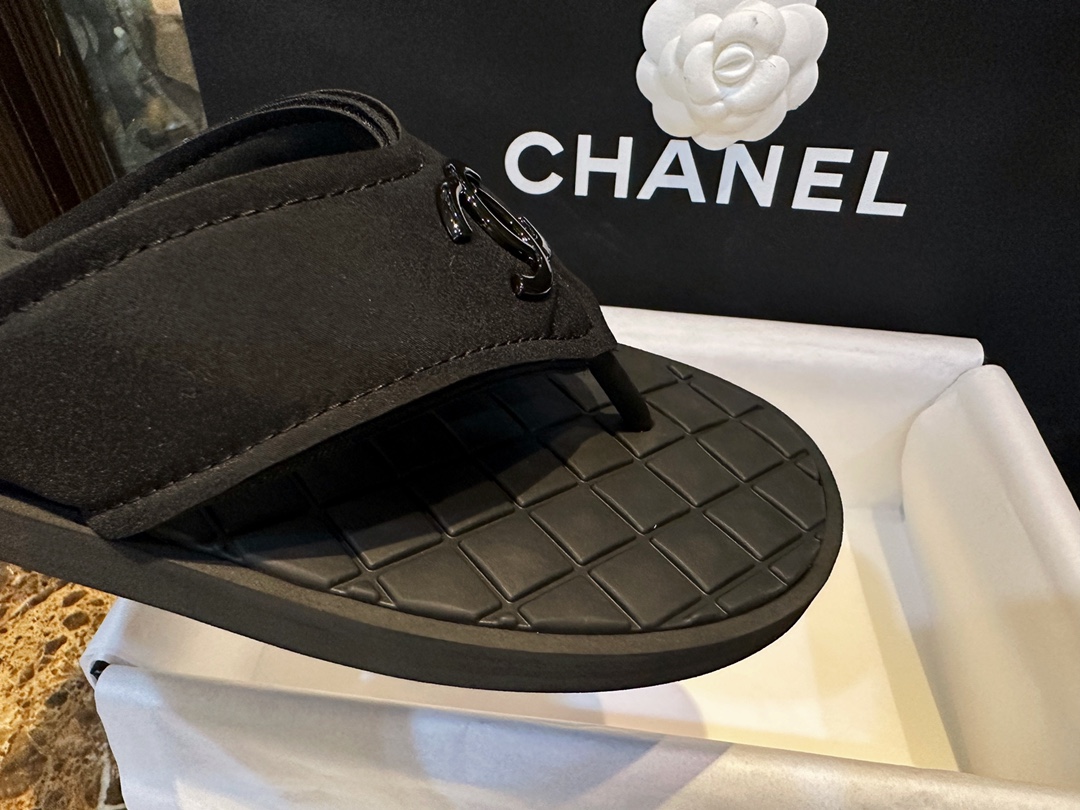 Chanel Black Air Cotton Beach Sandals with Matte Black Buckle and Durable Suede Sole