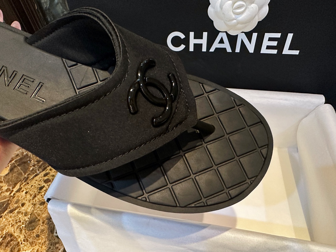 Chanel Black Air Cotton Beach Sandals with Matte Black Buckle and Durable Suede Sole