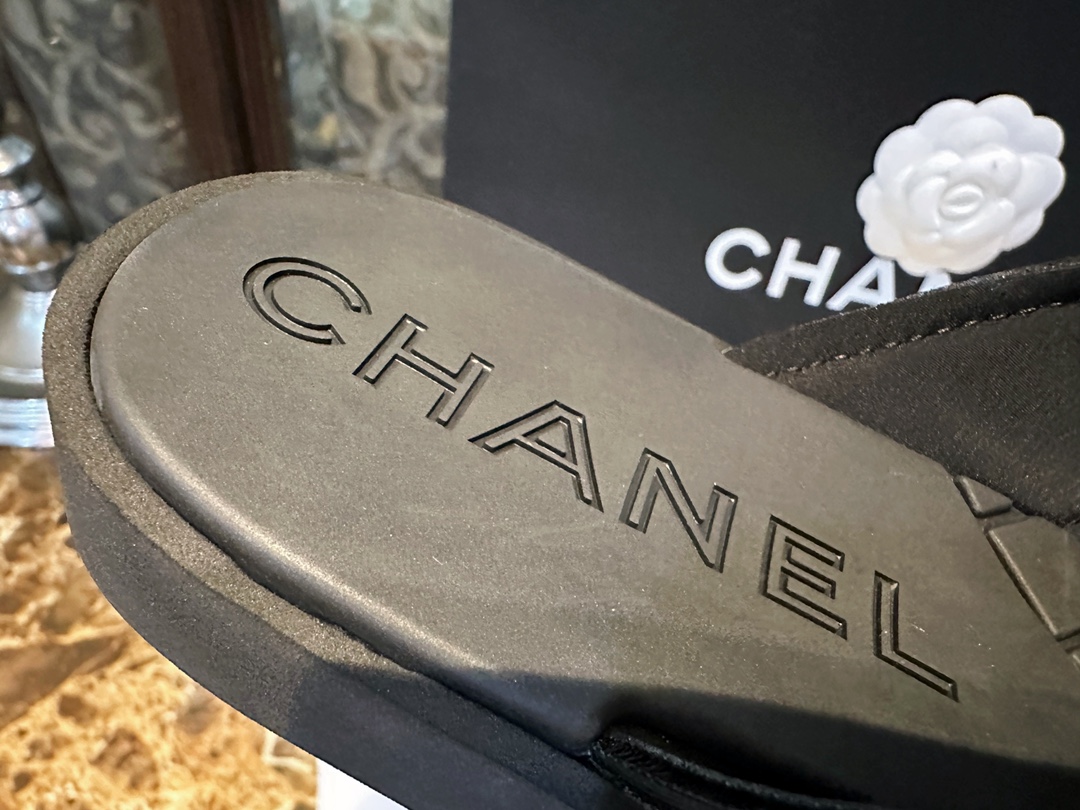 Chanel Black Air Cotton Beach Sandals with Matte Black Buckle and Durable Suede Sole