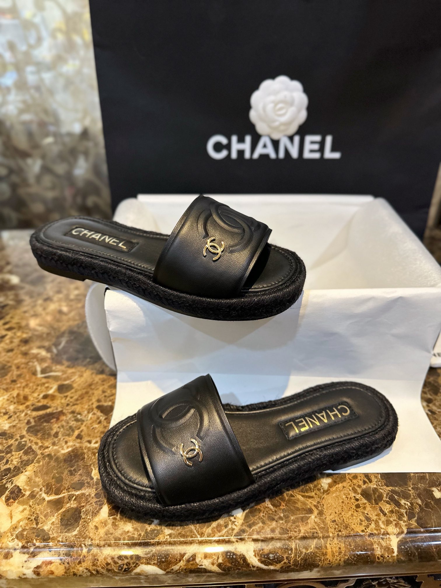 Chanel Black and Gold Espadrilles Slides