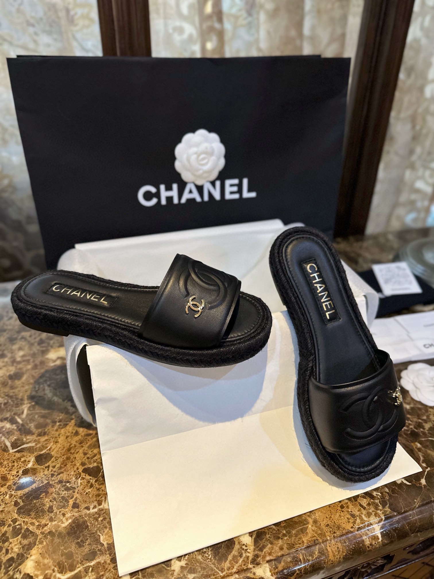 Chanel Black and Gold Espadrilles Slides