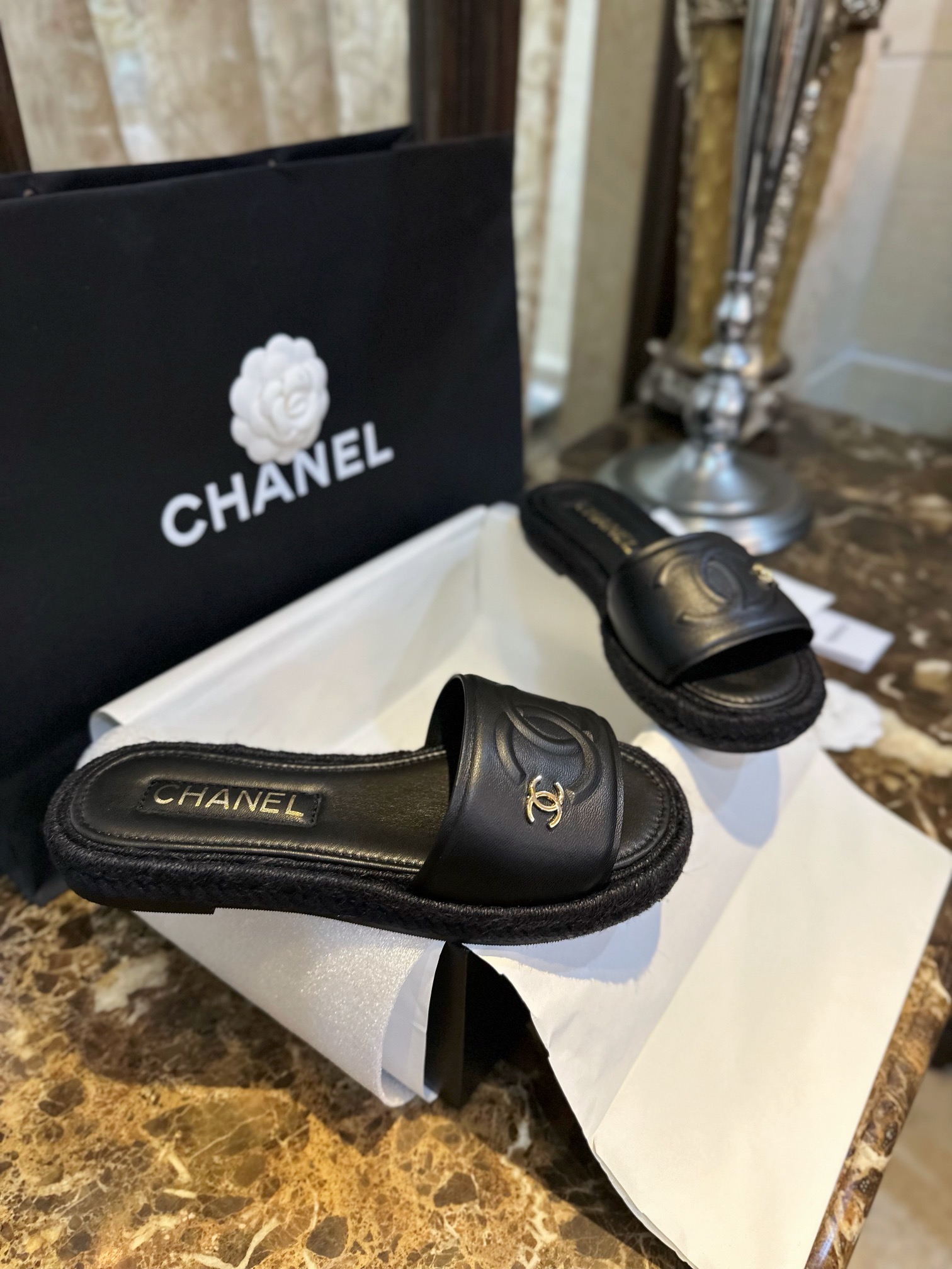 Chanel Black and Gold Espadrilles Slides