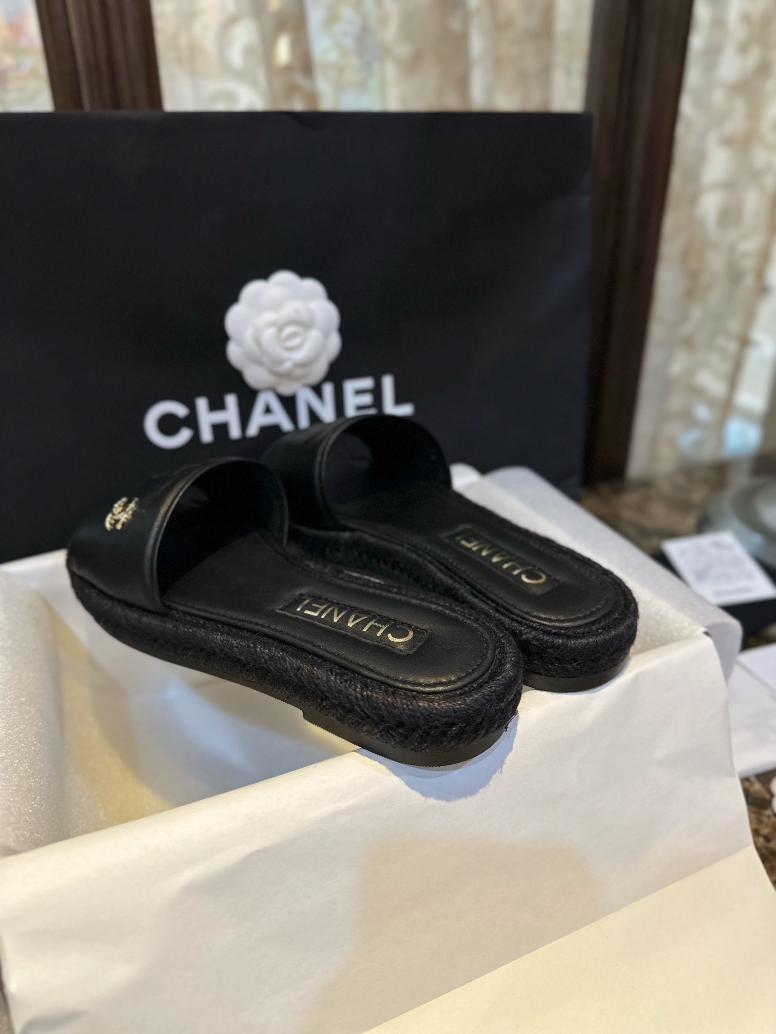 Chanel Black and Gold Espadrilles Slides