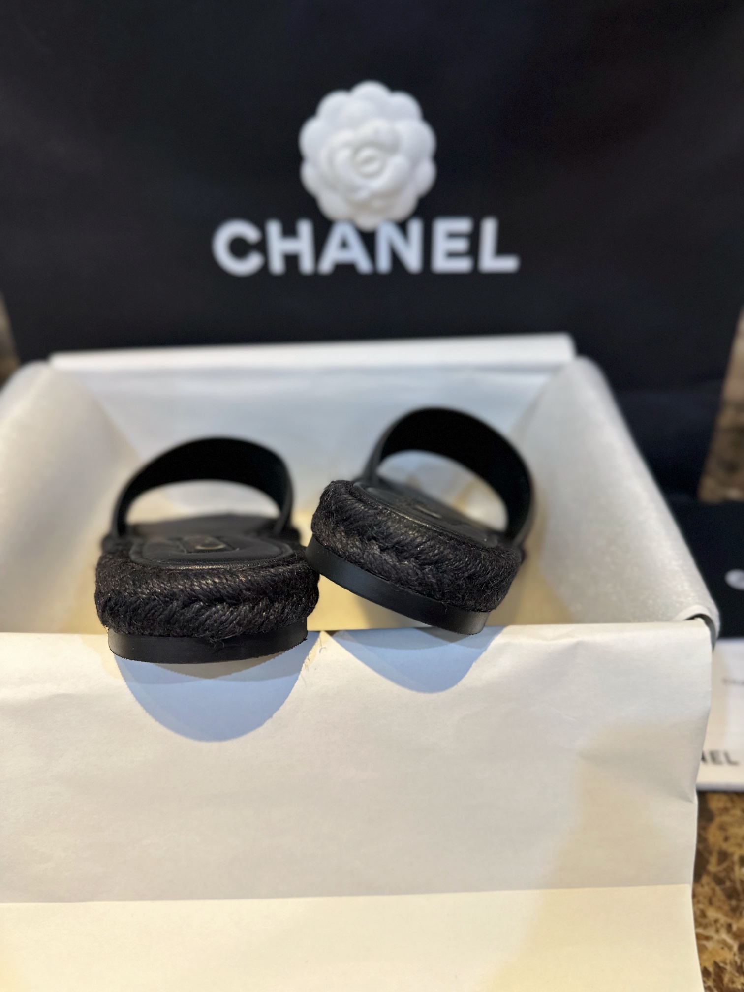 Chanel Black and Gold Espadrilles Slides