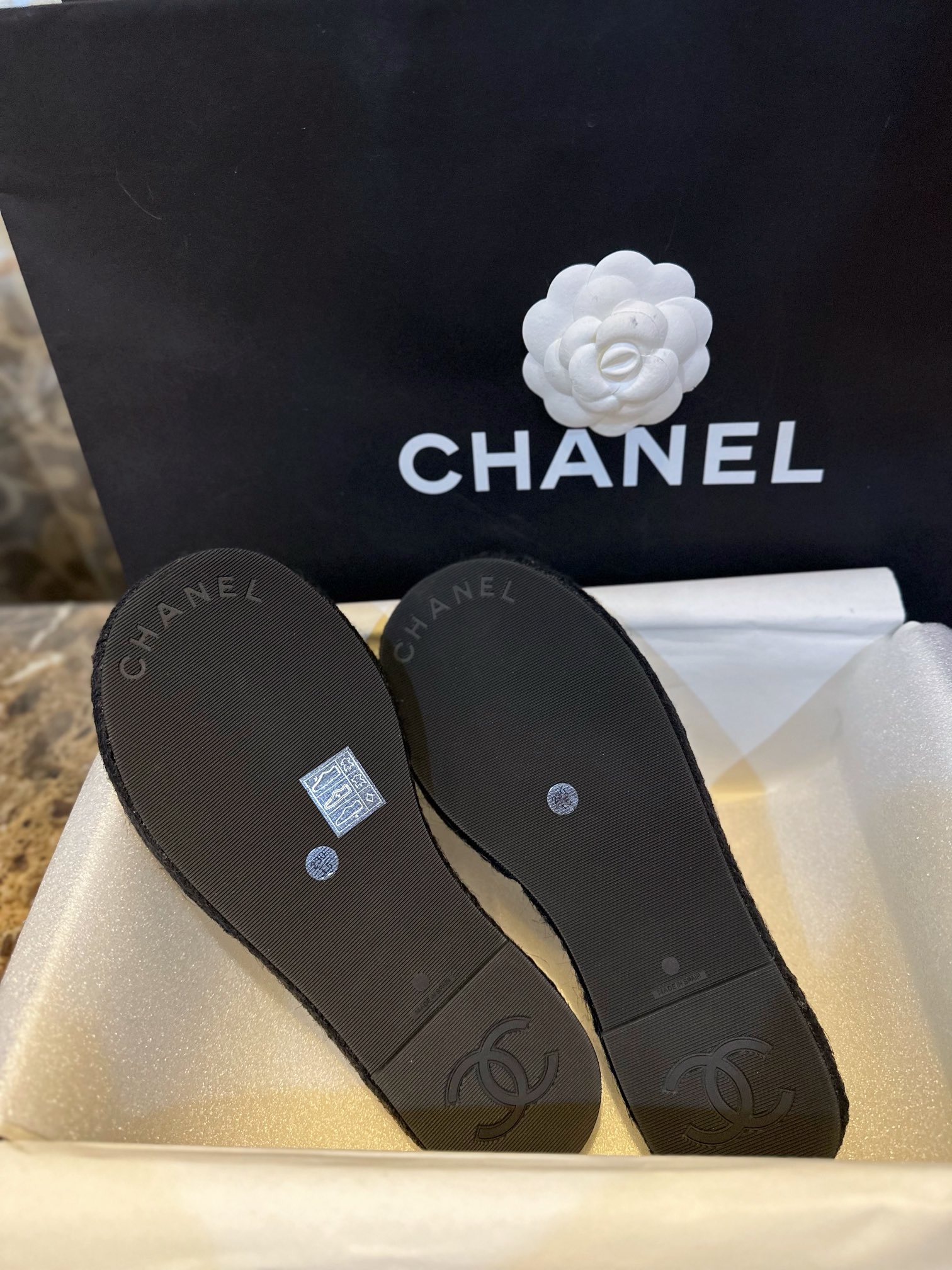 Chanel Black and Gold Espadrilles Slides