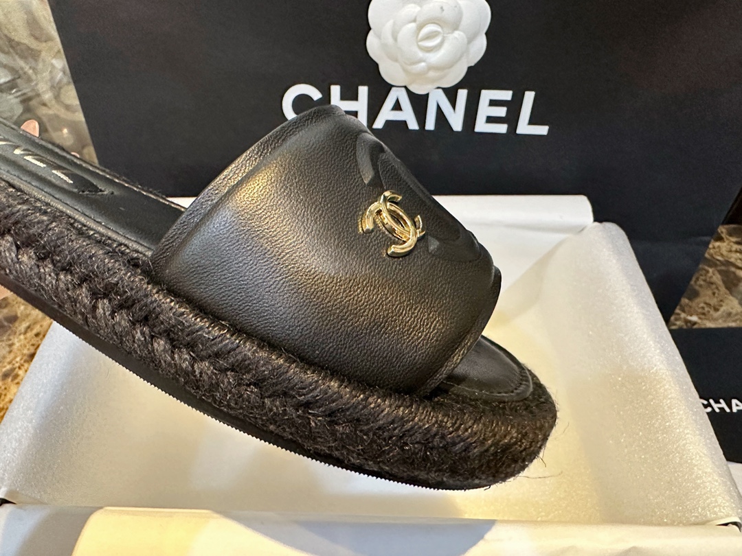 Chanel Black and Gold Espadrilles Slides