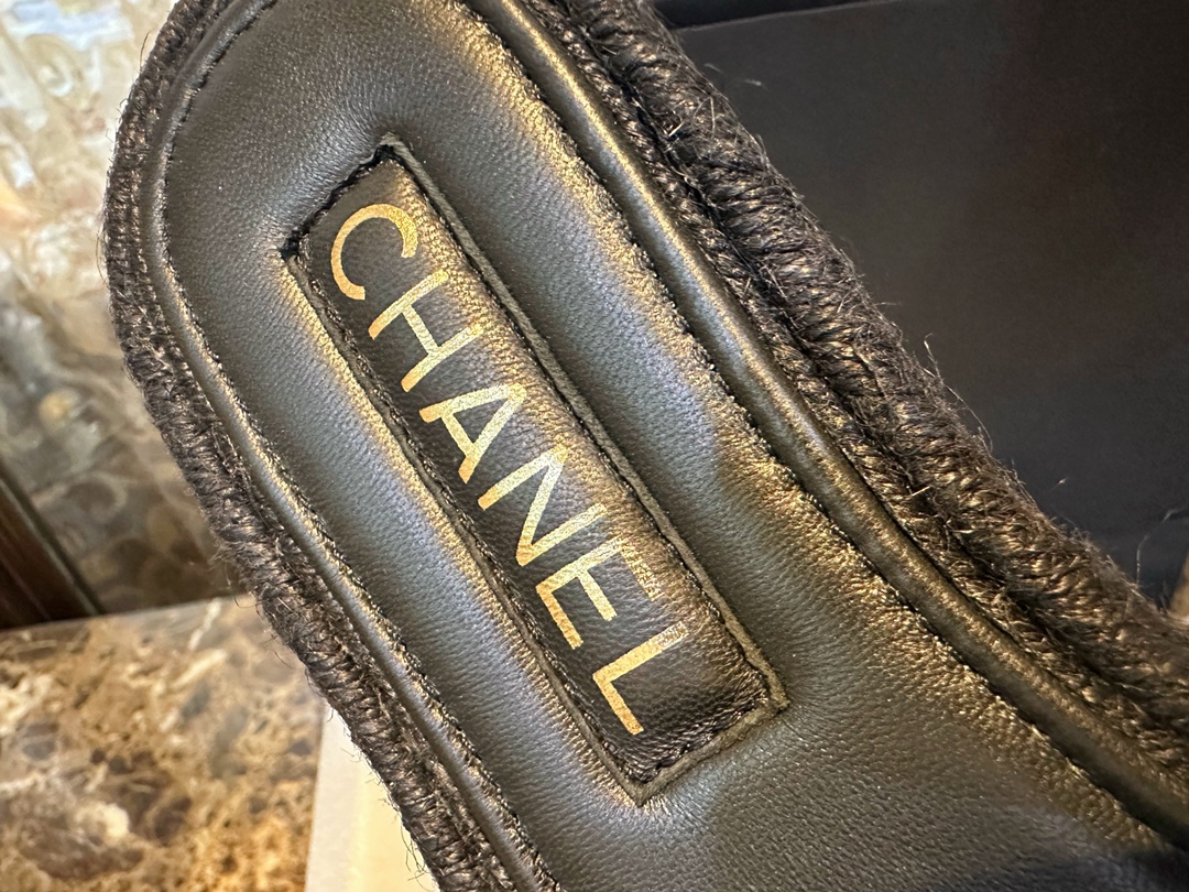 Chanel Black and Gold Espadrilles Slides