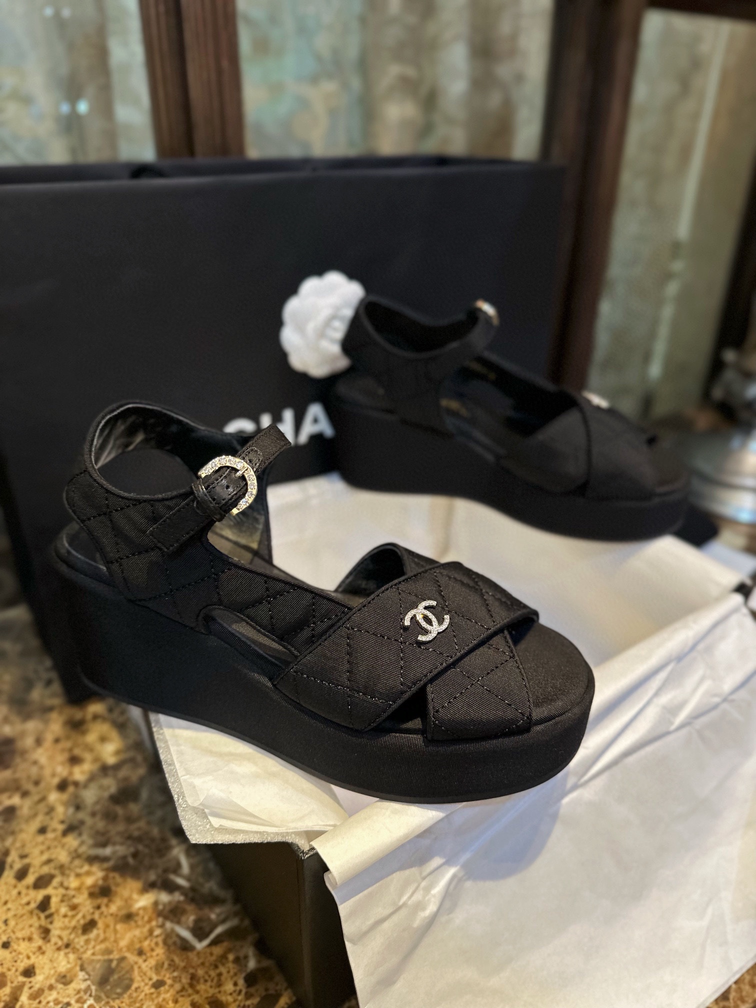 Chanel Black Satin Platform Fish Mouth Sandals: Imported Twill Satin Upper, TPU Outsole, Rhinestone Embellishments ,7.5cm Heel 