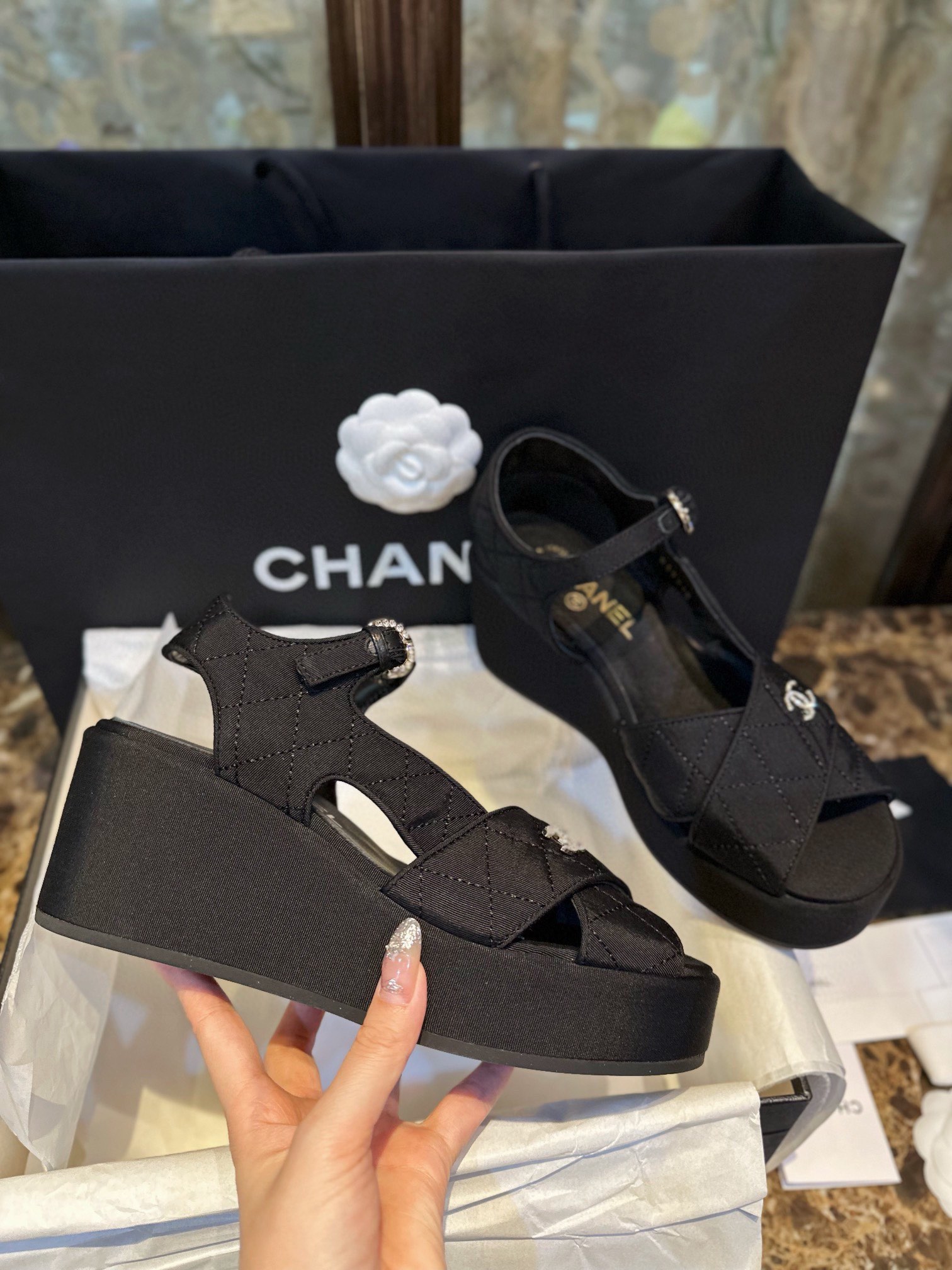 Chanel Black Satin Platform Fish Mouth Sandals: Imported Twill Satin Upper, TPU Outsole, Rhinestone Embellishments ,7.5cm Heel 