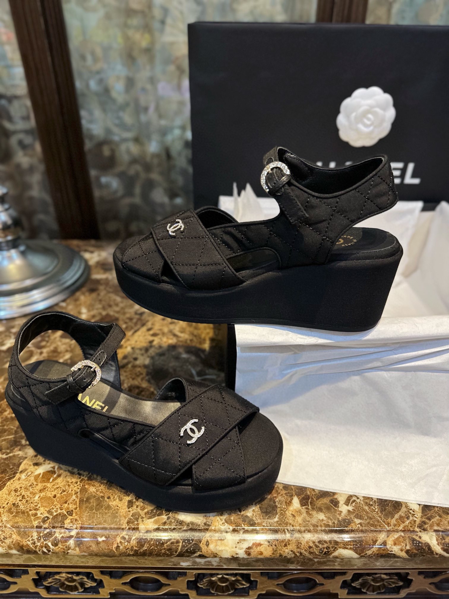 Chanel Black Satin Platform Fish Mouth Sandals: Imported Twill Satin Upper, TPU Outsole, Rhinestone Embellishments ,7.5cm Heel 