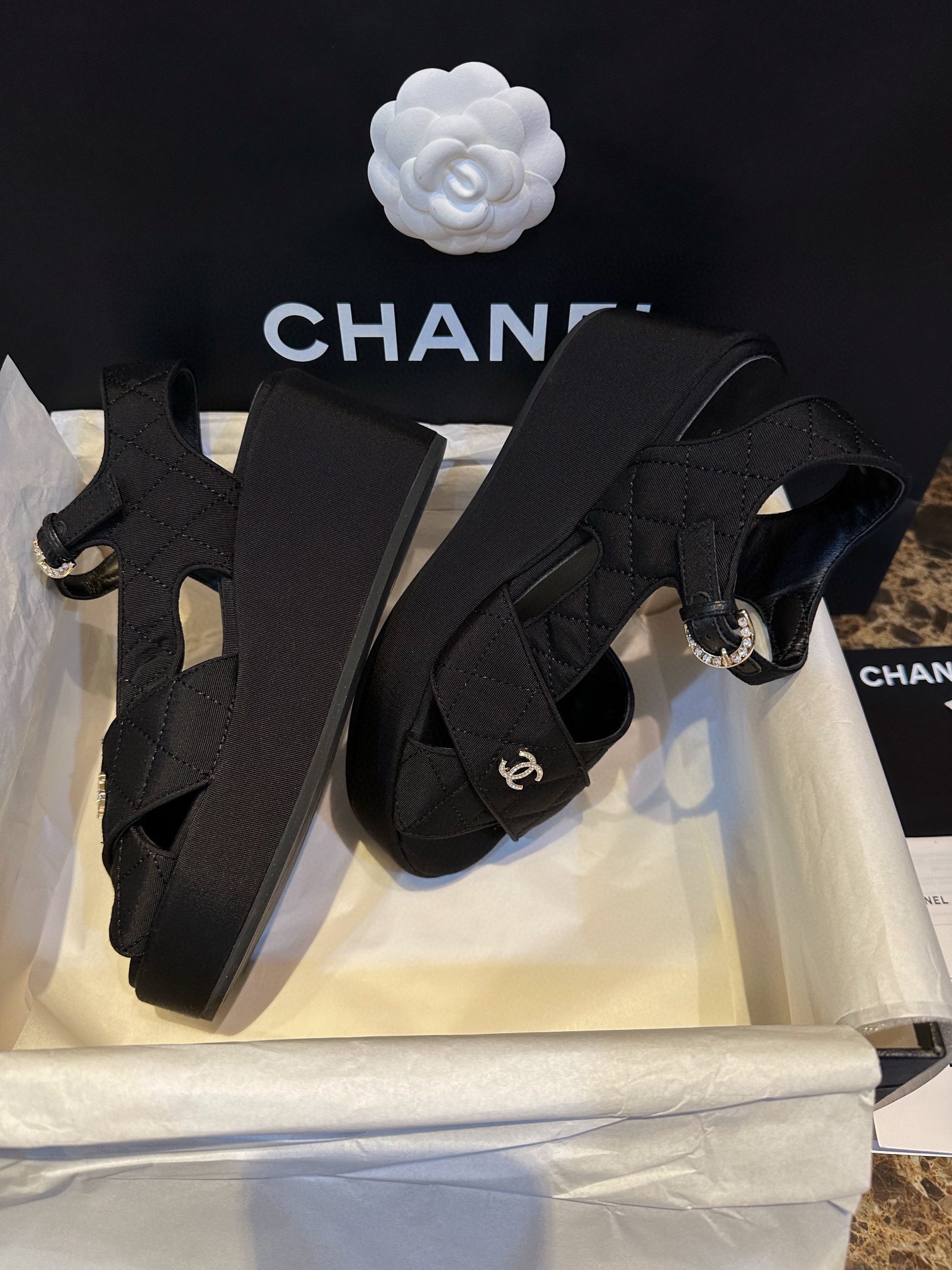 Chanel Black Satin Platform Fish Mouth Sandals: Imported Twill Satin Upper, TPU Outsole, Rhinestone Embellishments ,7.5cm Heel 