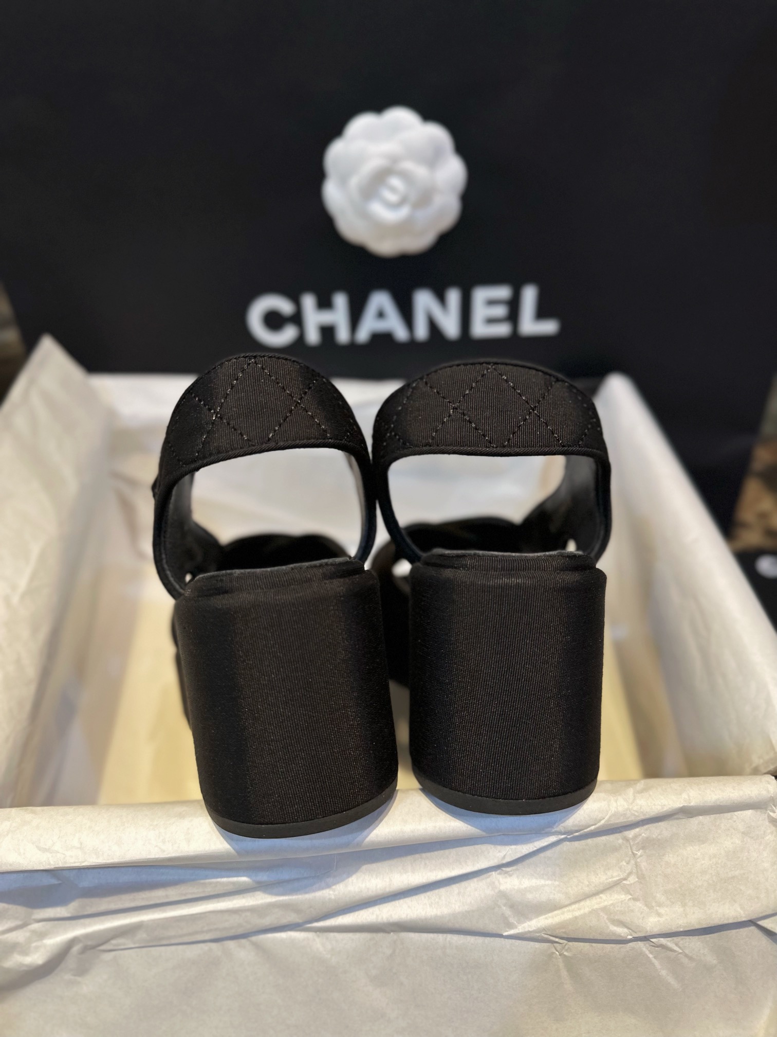 Chanel Black Satin Platform Fish Mouth Sandals: Imported Twill Satin Upper, TPU Outsole, Rhinestone Embellishments ,7.5cm Heel 