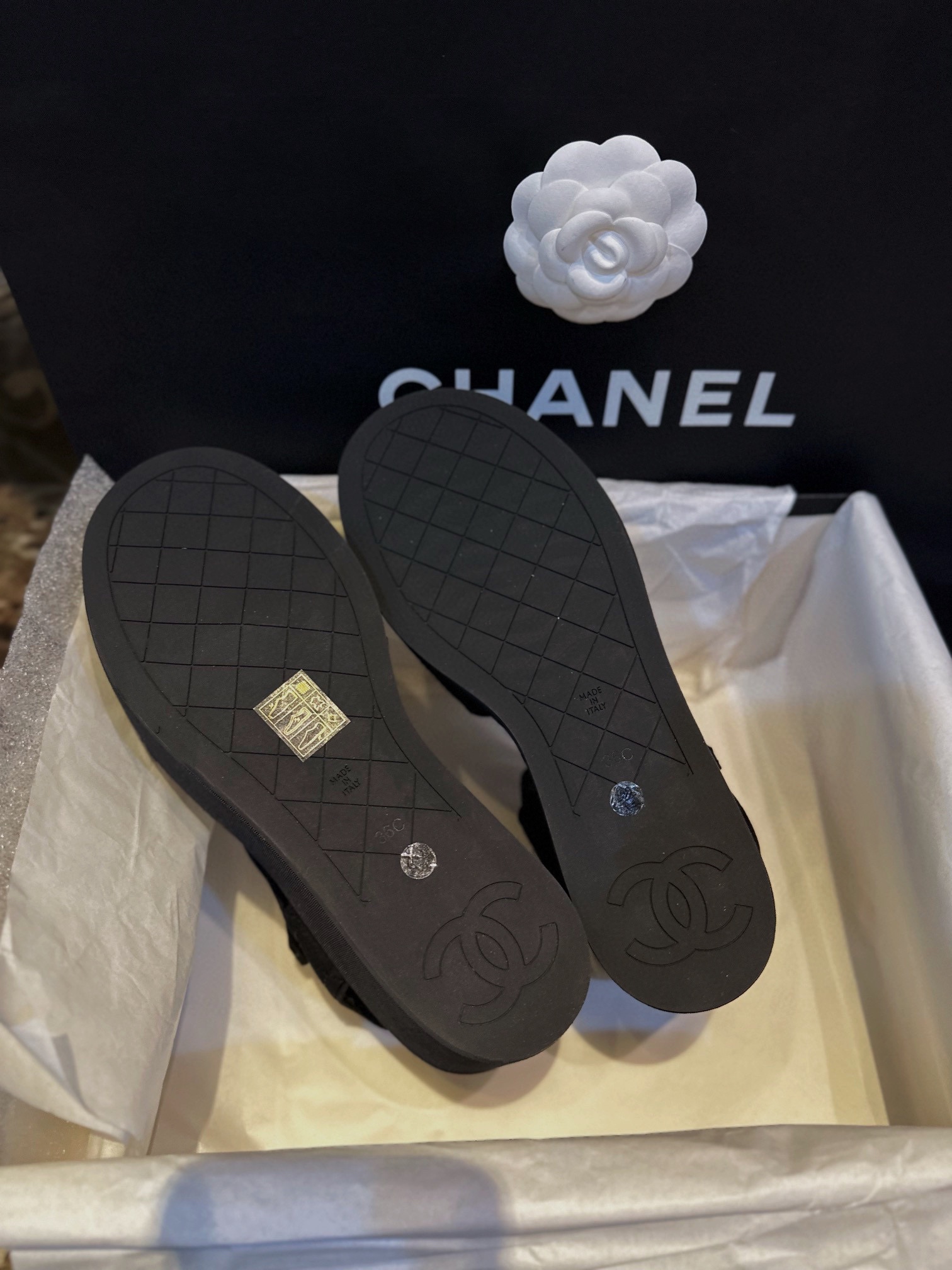 Chanel Black Satin Platform Fish Mouth Sandals: Imported Twill Satin Upper, TPU Outsole, Rhinestone Embellishments ,7.5cm Heel 