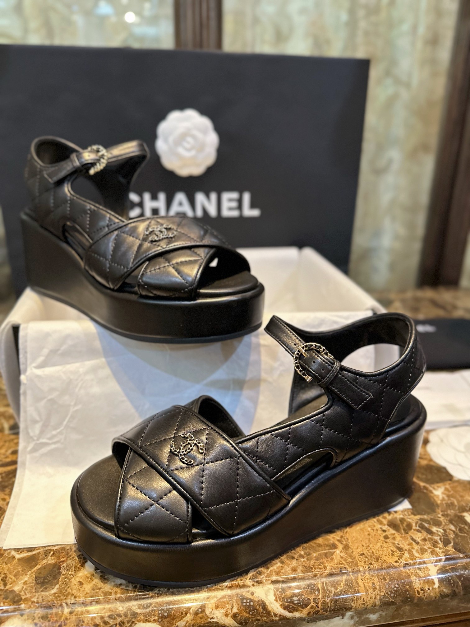 Chanel Sheepskin Thick Sole Platform Fish Mouth Sandals 7.5cm Heel