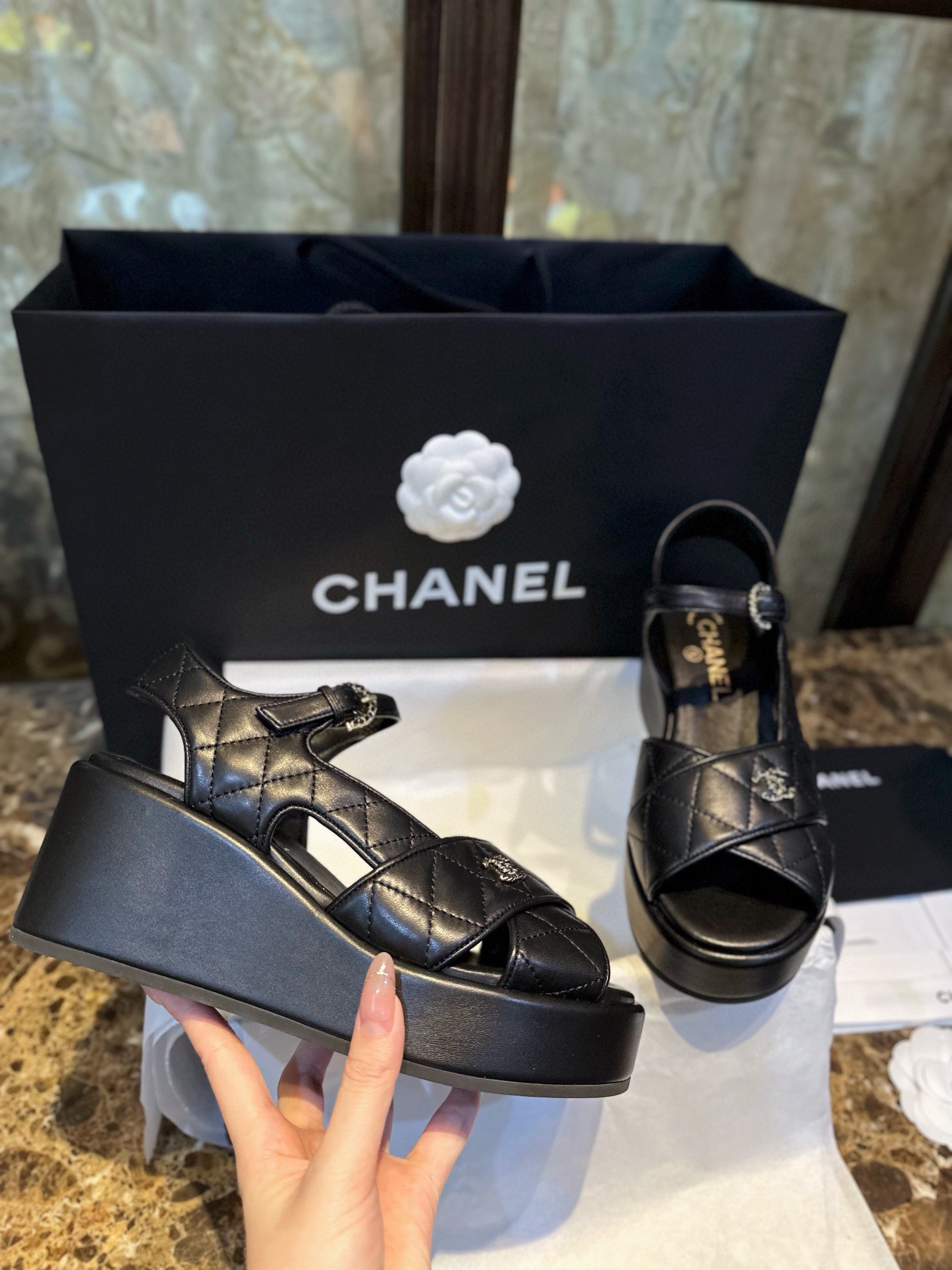 Chanel Sheepskin Thick Sole Platform Fish Mouth Sandals 7.5cm Heel