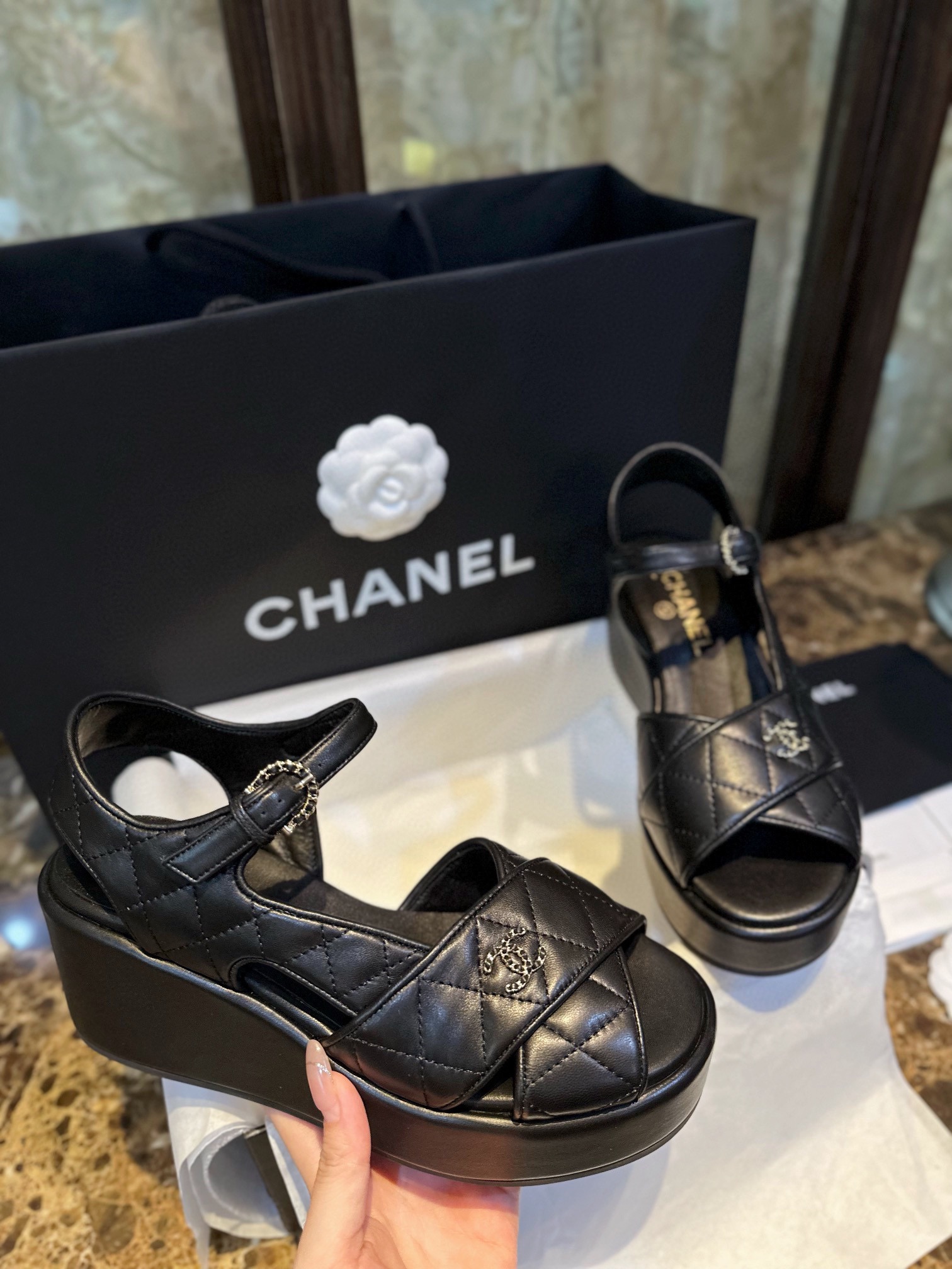 Chanel Sheepskin Thick Sole Platform Fish Mouth Sandals 7.5cm Heel