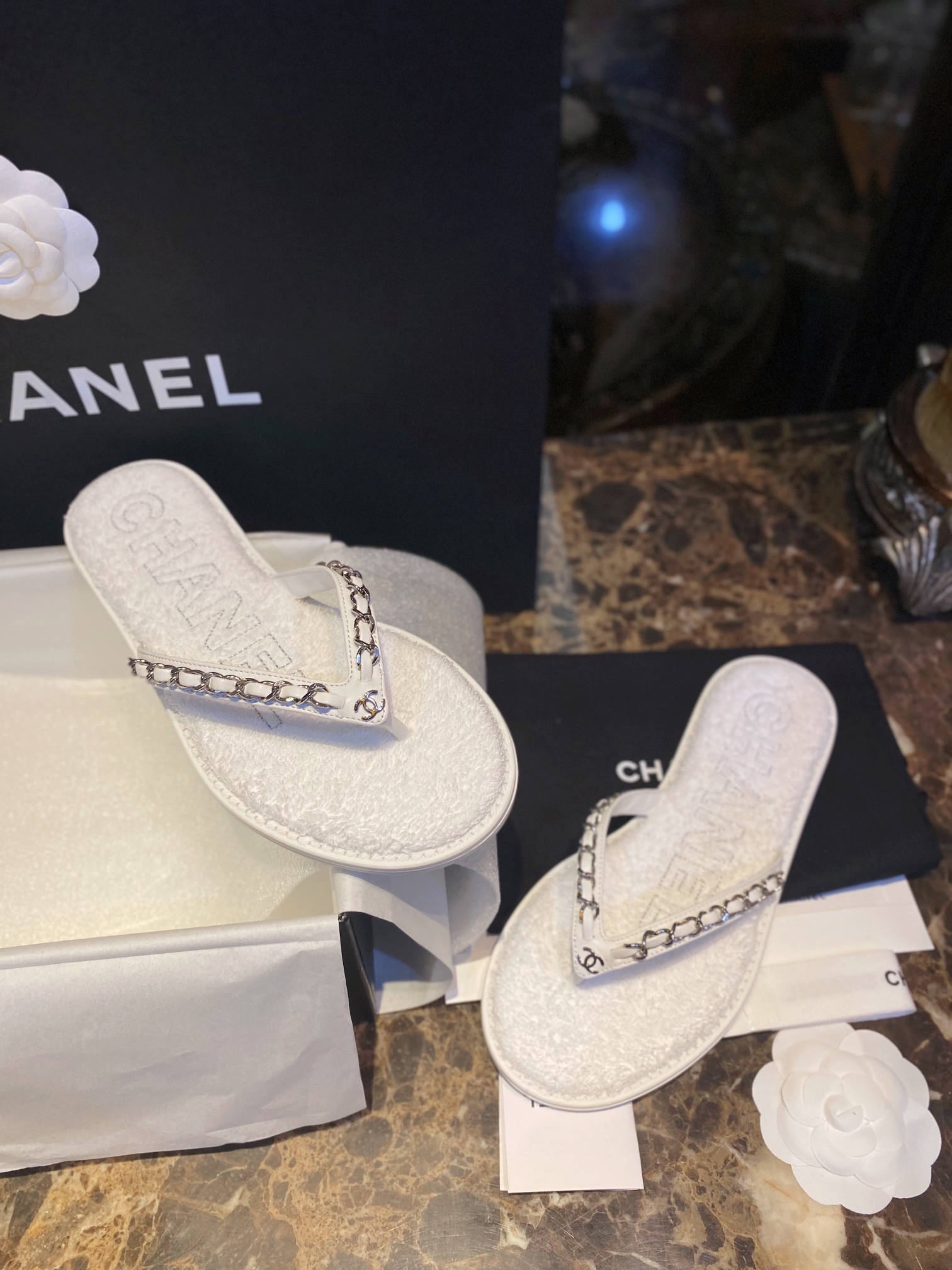 Chanel White Chain Link Thong Sandals