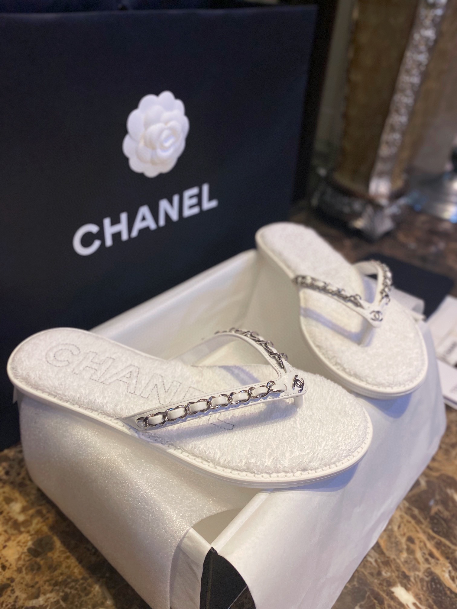 Chanel White Chain Link Thong Sandals