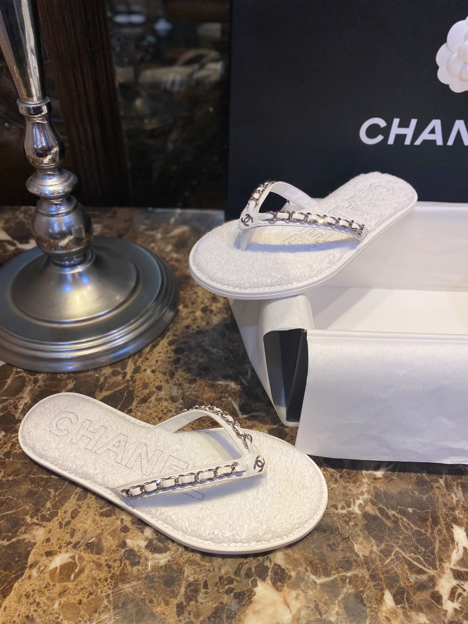 Chanel White Chain Link Thong Sandals