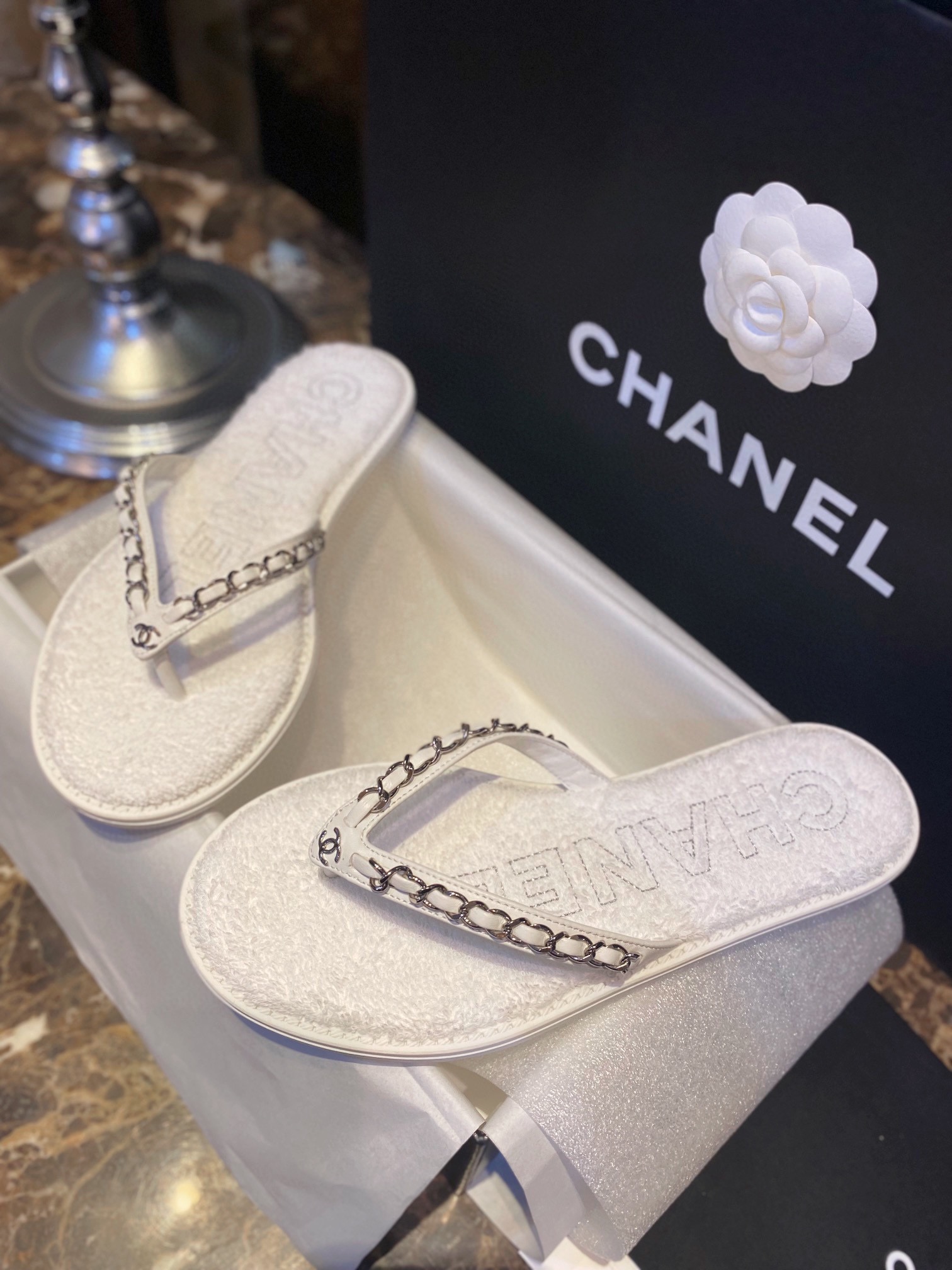 Chanel White Chain Link Thong Sandals