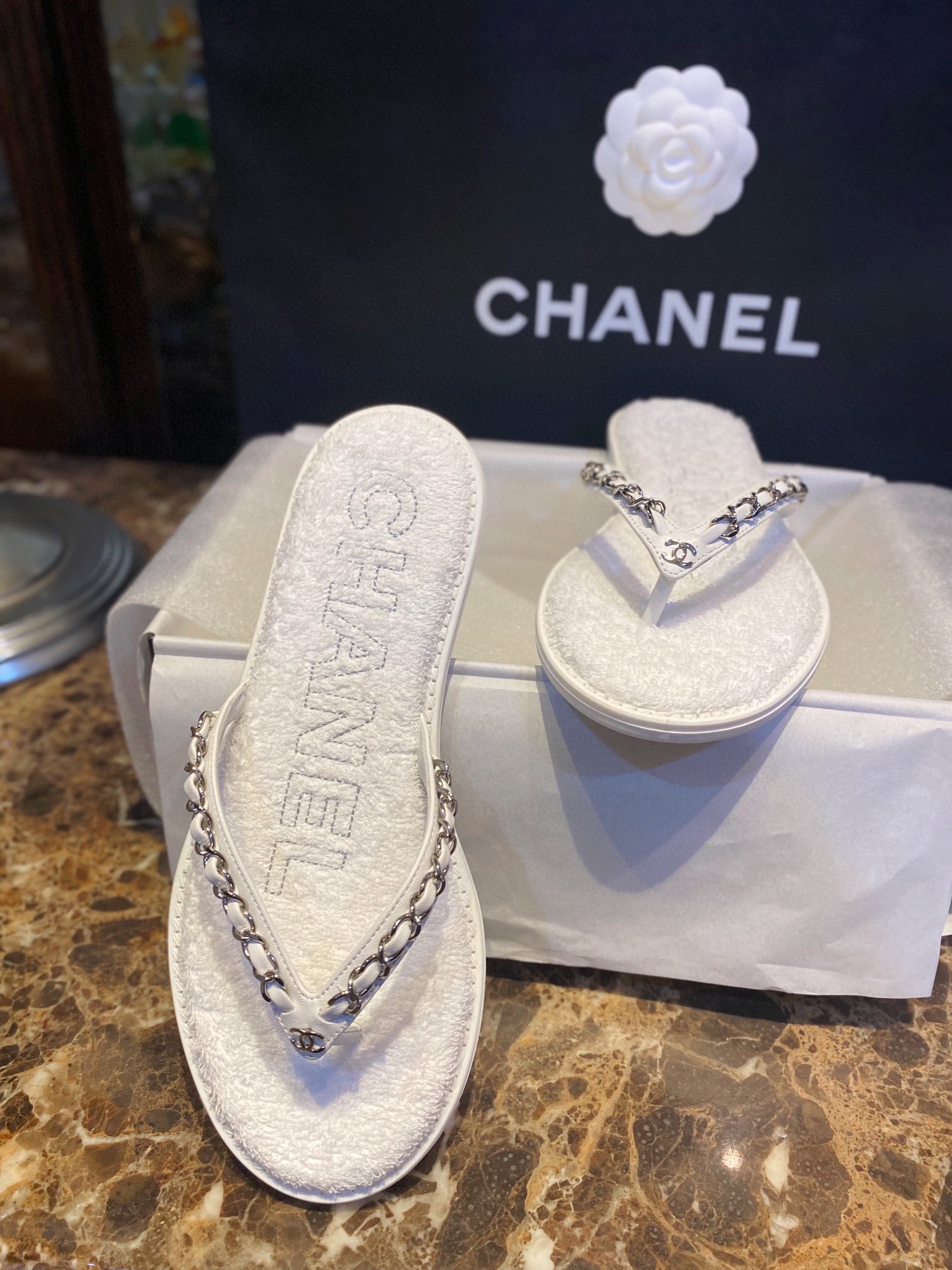 Chanel White Chain Link Thong Sandals