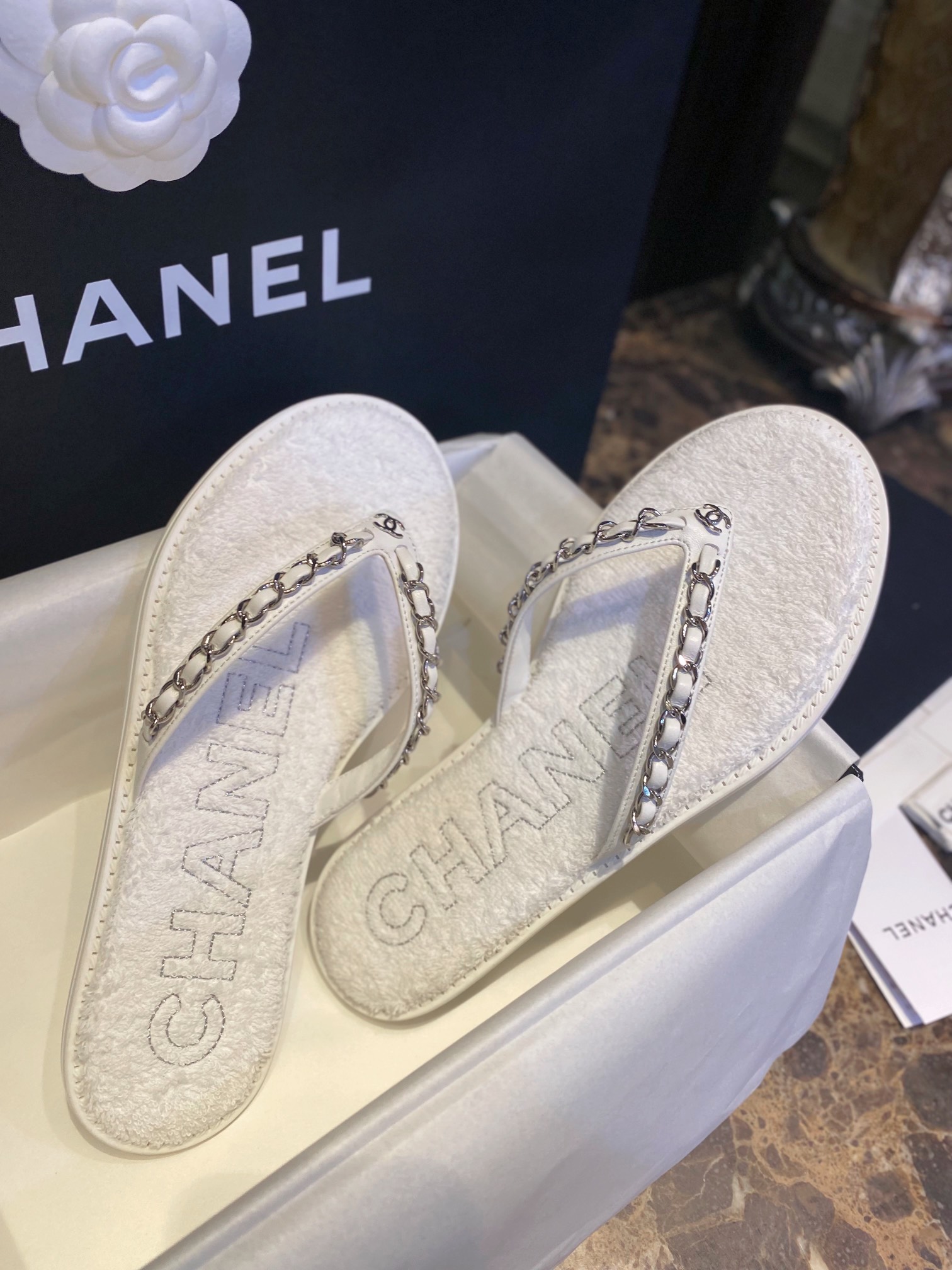 Chanel White Chain Link Thong Sandals