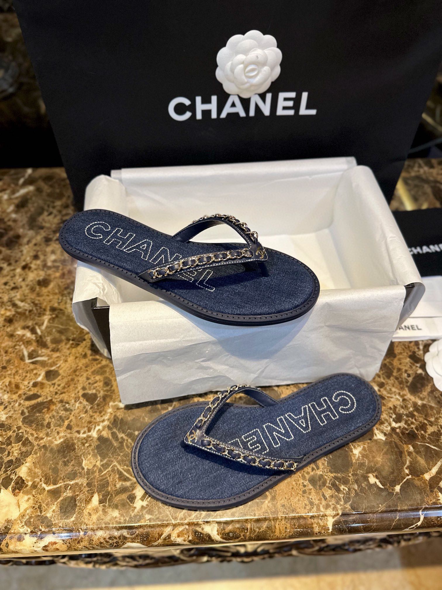 Chanel Deep Blue Denim Chain Link Thong Sandals: Washed Denim Upper with Latex Platform + Super Comfortable IP Molded Sole