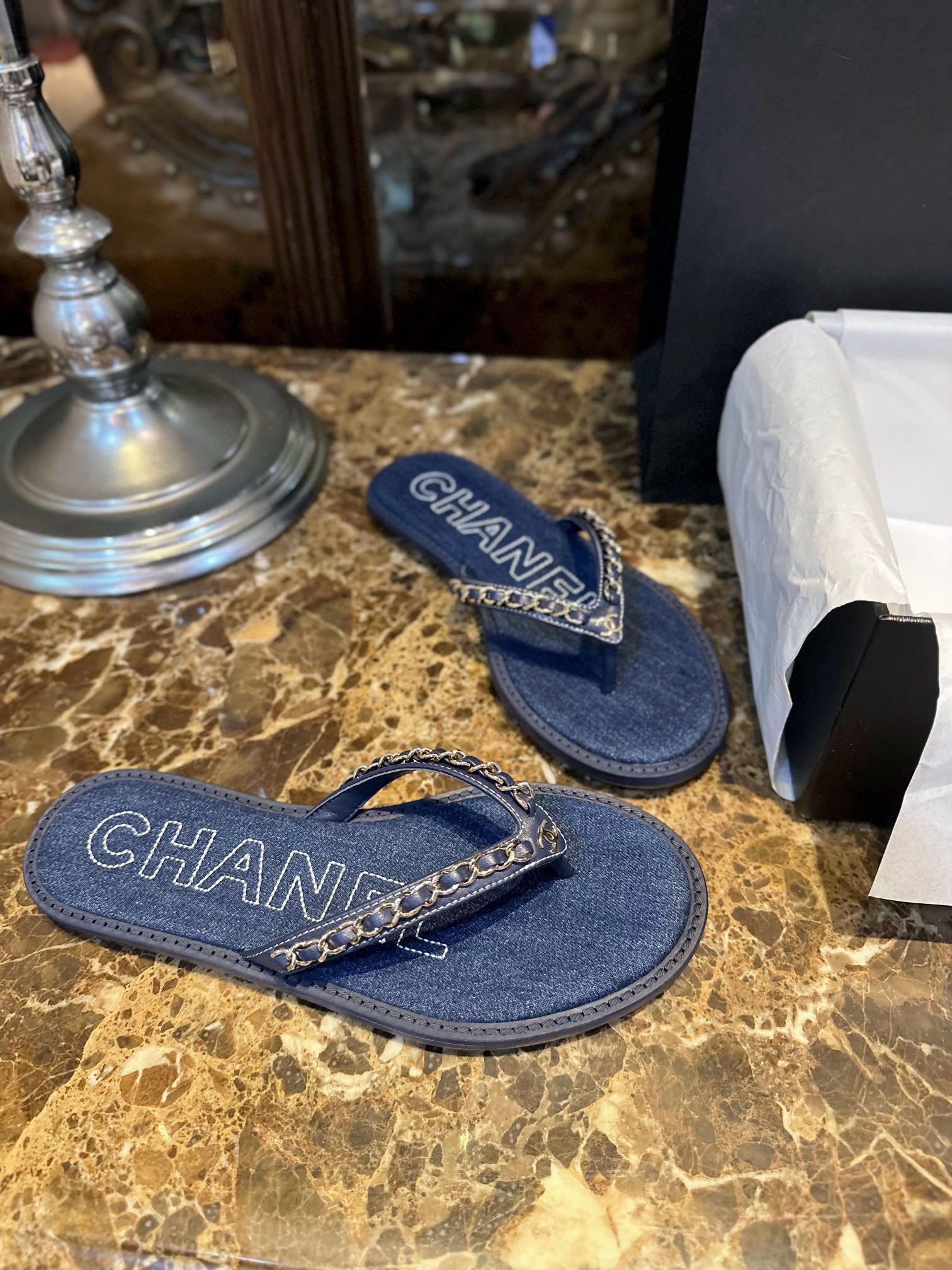 Chanel Deep Blue Denim Chain Link Thong Sandals: Washed Denim Upper with Latex Platform + Super Comfortable IP Molded Sole