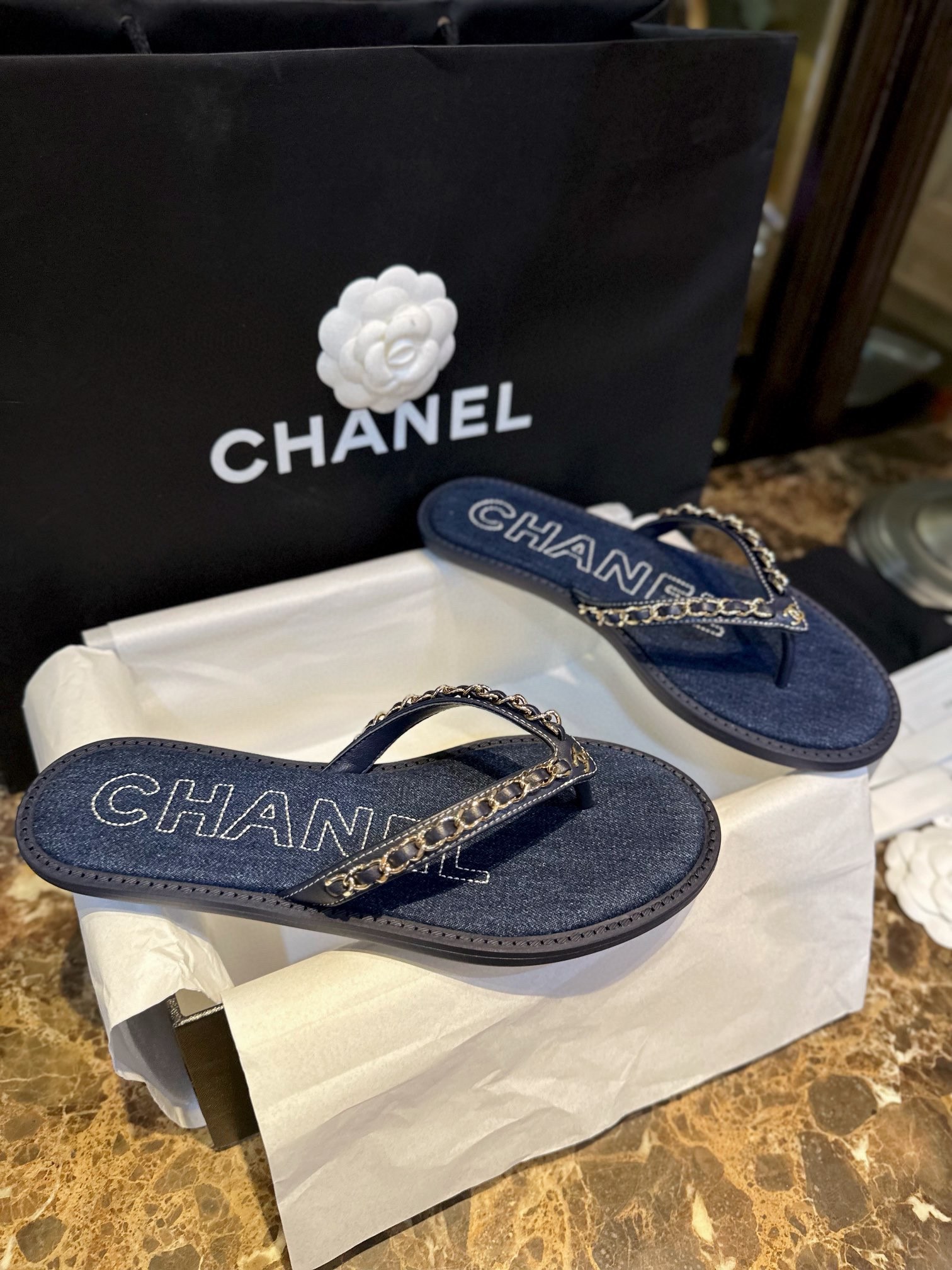 Chanel Deep Blue Denim Chain Link Thong Sandals: Washed Denim Upper with Latex Platform + Super Comfortable IP Molded Sole