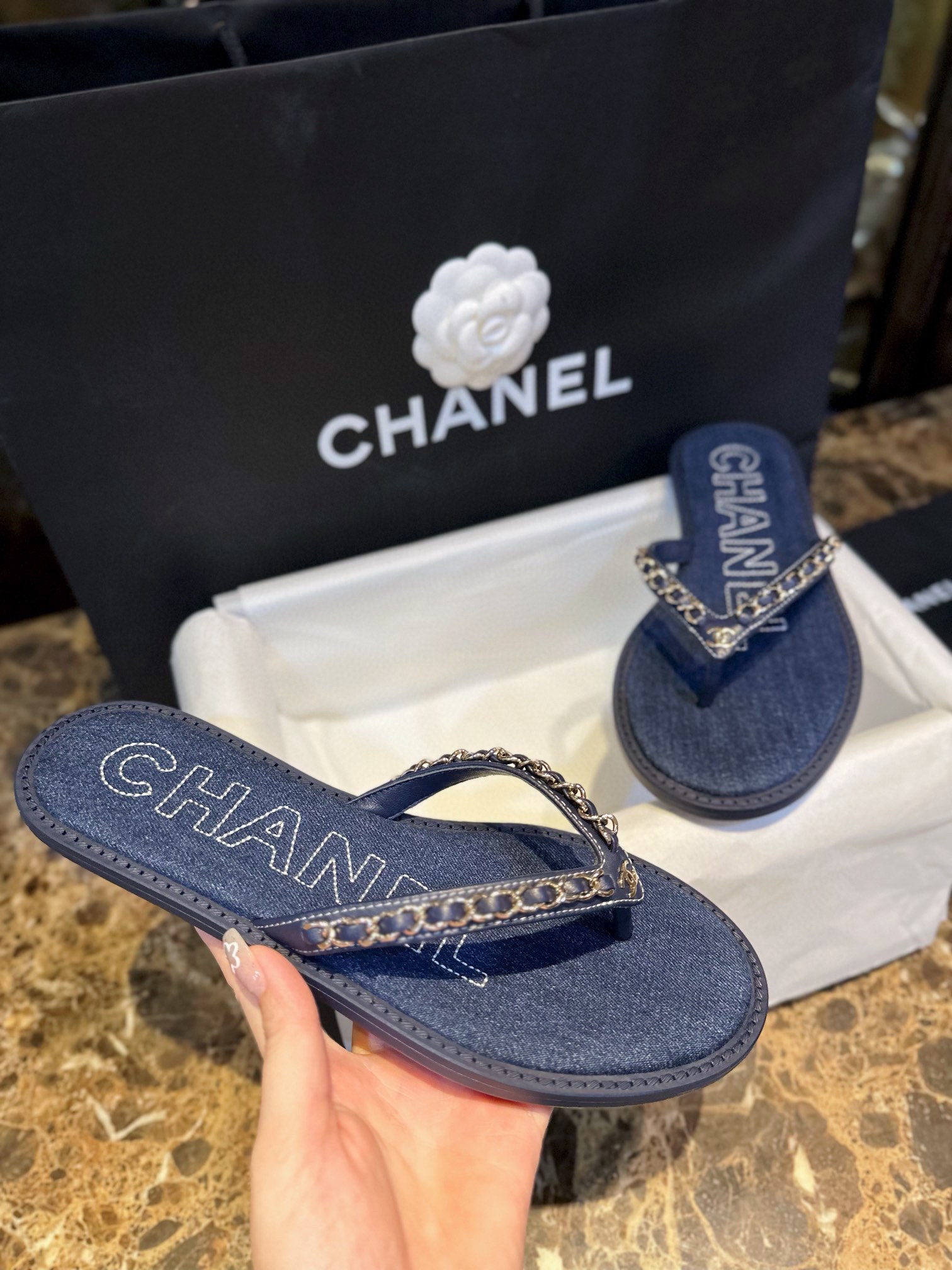 Chanel Deep Blue Denim Chain Link Thong Sandals: Washed Denim Upper with Latex Platform + Super Comfortable IP Molded Sole