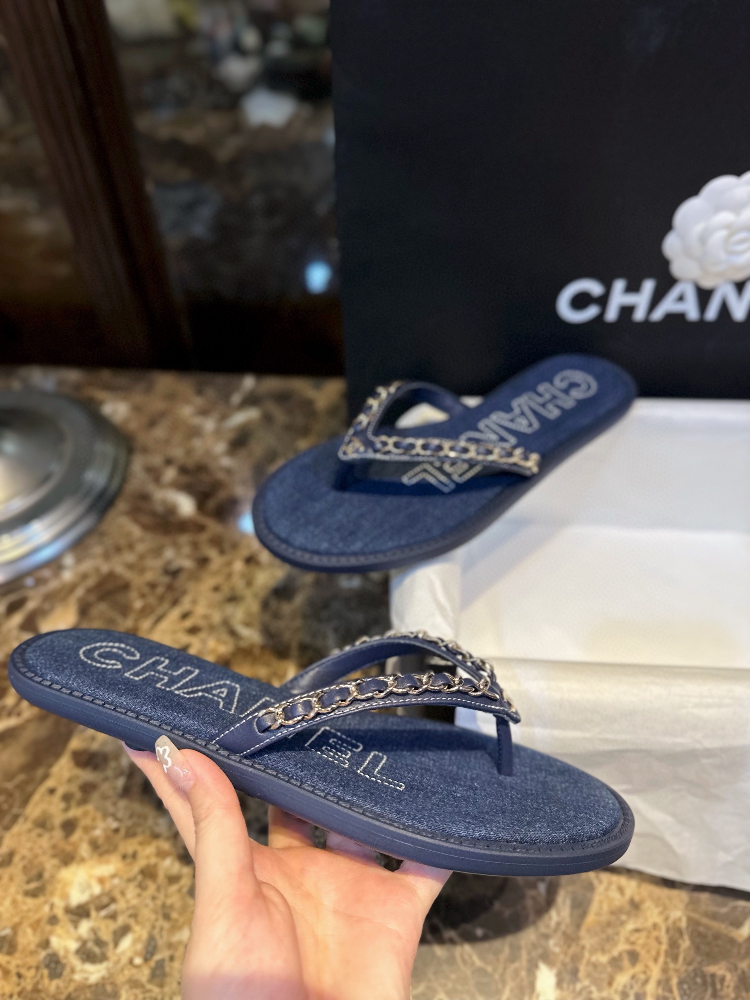 Chanel Deep Blue Denim Chain Link Thong Sandals: Washed Denim Upper with Latex Platform + Super Comfortable IP Molded Sole