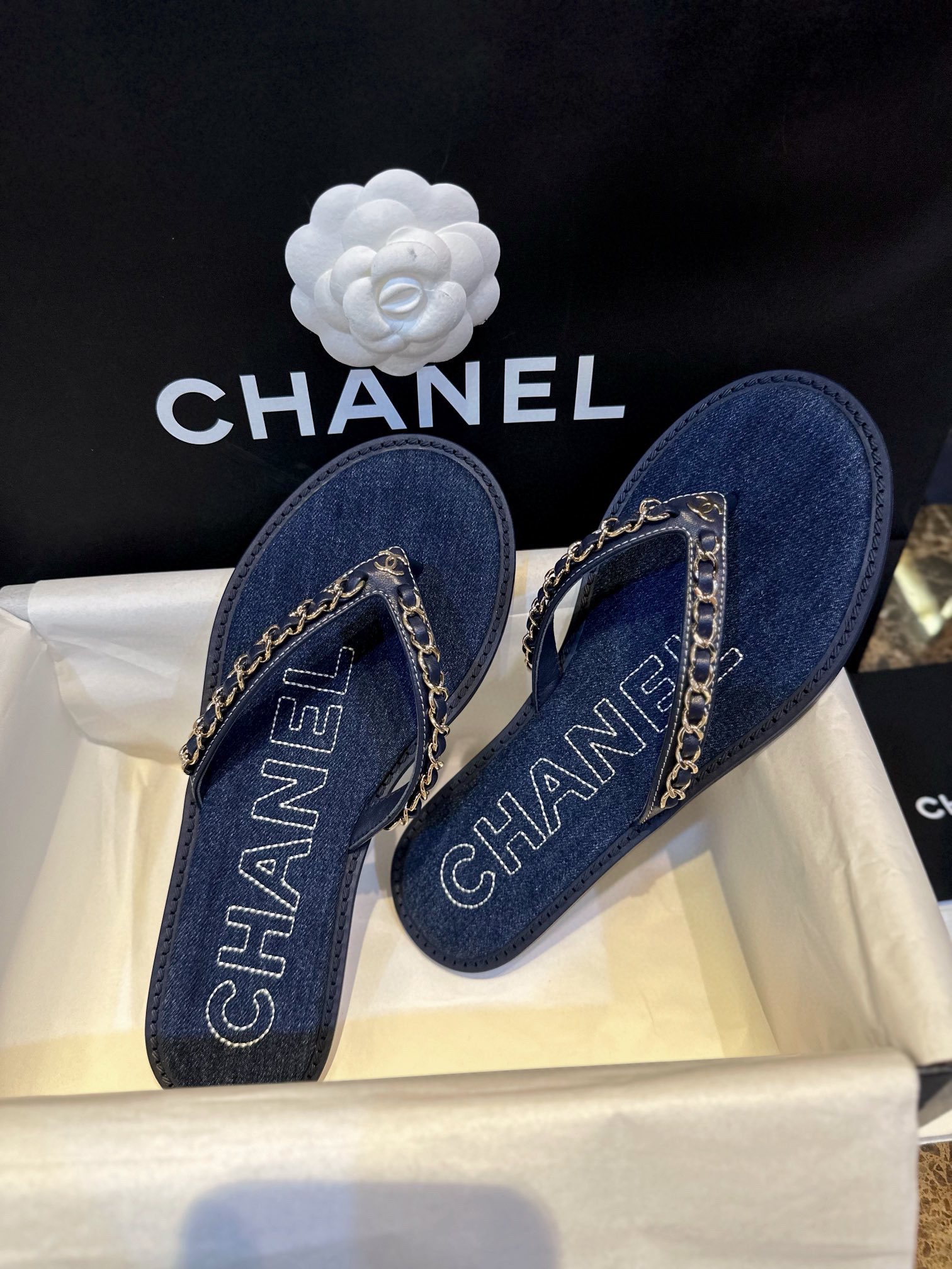 Chanel Deep Blue Denim Chain Link Thong Sandals: Washed Denim Upper with Latex Platform + Super Comfortable IP Molded Sole