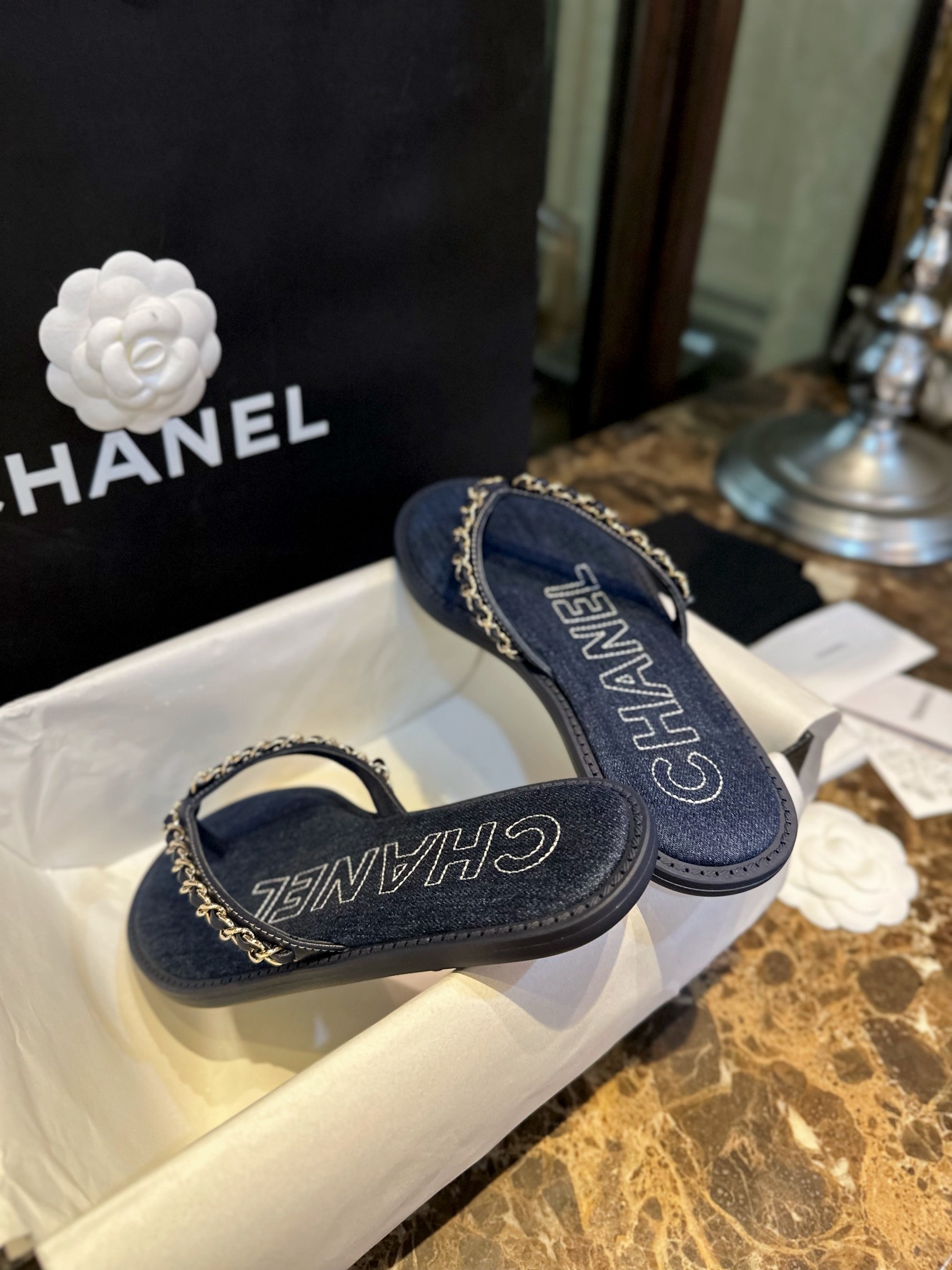 Chanel Deep Blue Denim Chain Link Thong Sandals: Washed Denim Upper with Latex Platform + Super Comfortable IP Molded Sole