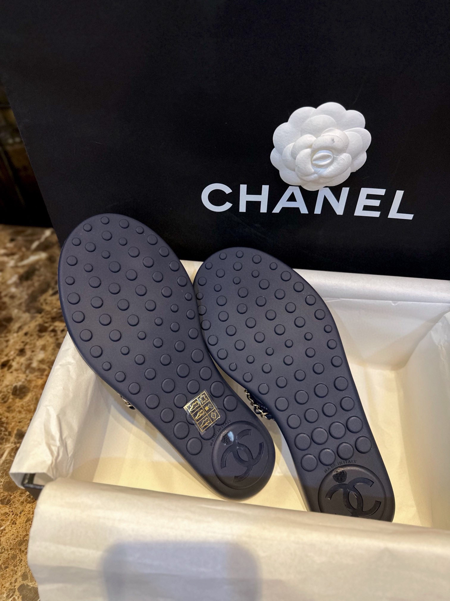 Chanel Deep Blue Denim Chain Link Thong Sandals: Washed Denim Upper with Latex Platform + Super Comfortable IP Molded Sole