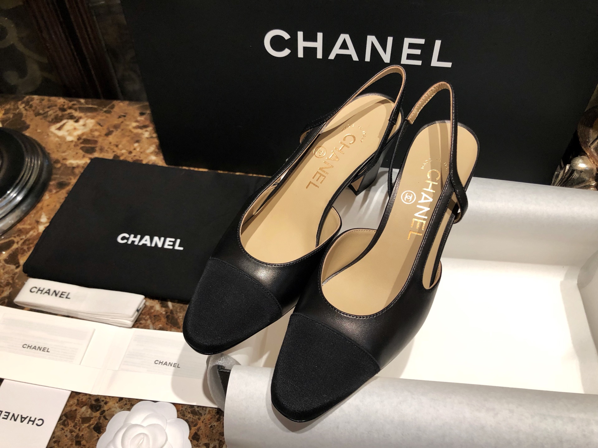 Chanel Classic 7cm Slingback in Black Sheepskin and Satin