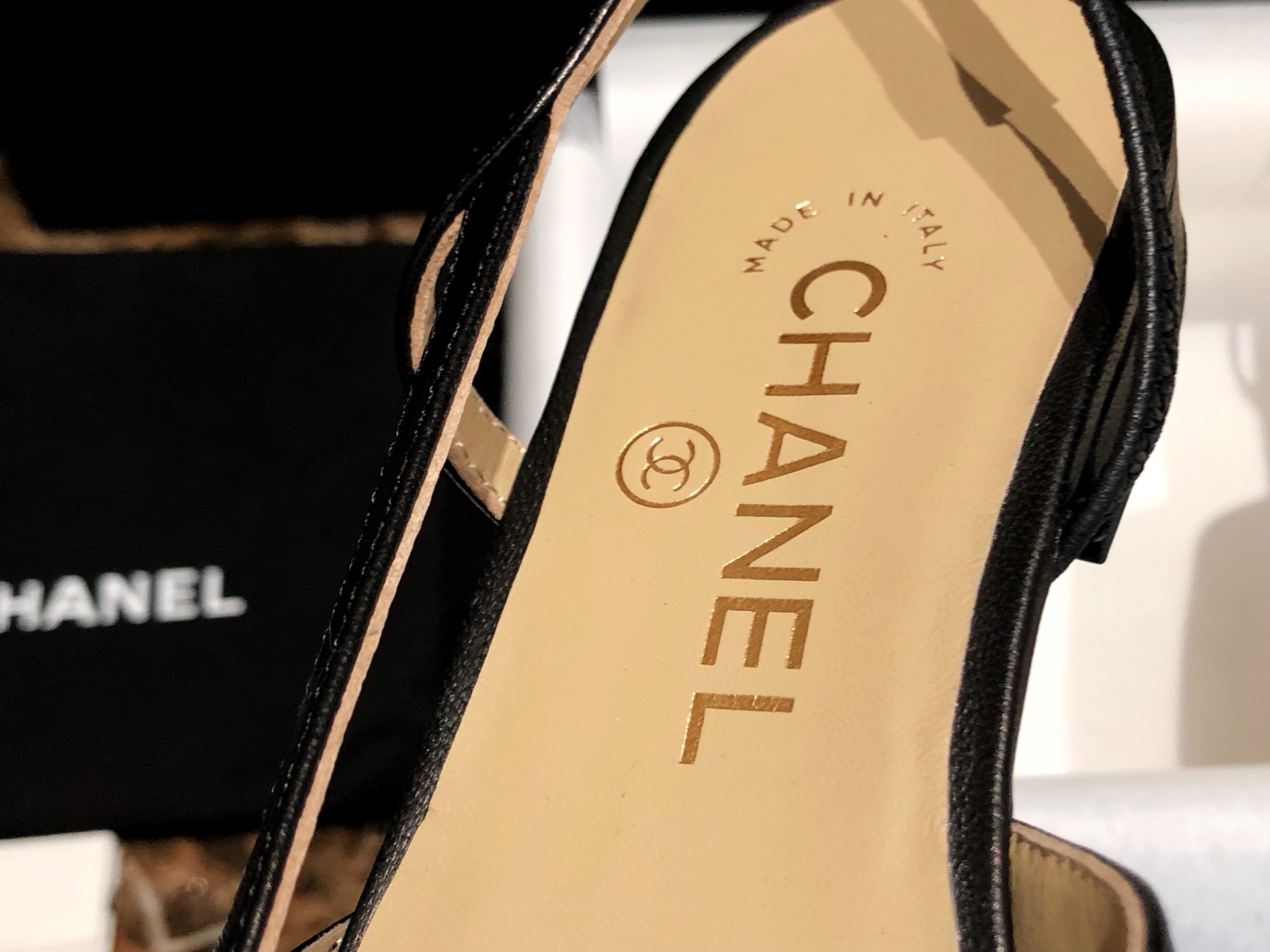 Chanel Classic 7cm Slingback in Black Sheepskin and Satin