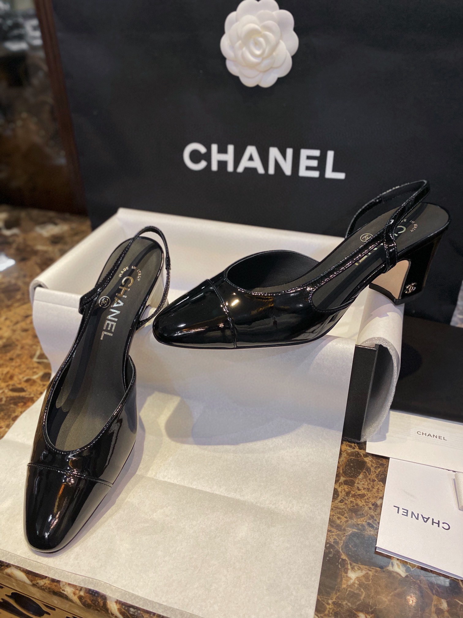 Chanel Glossy Patent Leather Slingback High Heels: Ultra-Black, Ultra-Shiny, and Ultra-Soft So Black Leather, with Pure Steel Hardware and Italian Leather Sole