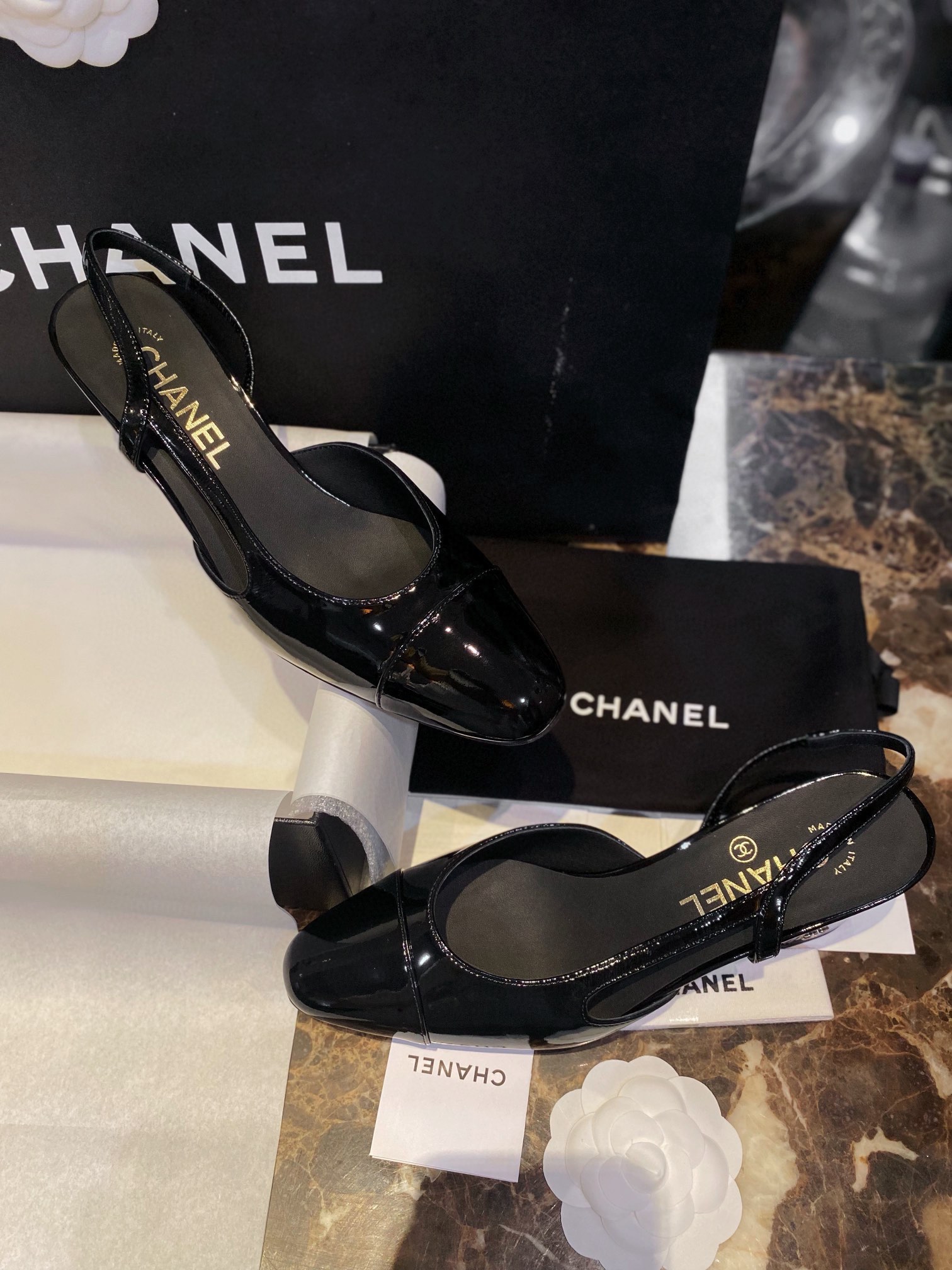 Chanel Glossy Patent Leather Slingback High Heels: Ultra-Black, Ultra-Shiny, and Ultra-Soft So Black Leather, with Pure Steel Hardware and Italian Leather Sole