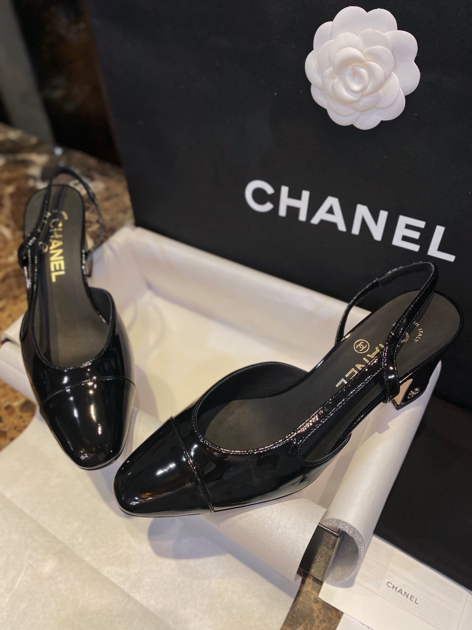 Chanel Glossy Patent Leather Slingback High Heels: Ultra-Black, Ultra-Shiny, and Ultra-Soft So Black Leather, with Pure Steel Hardware and Italian Leather Sole