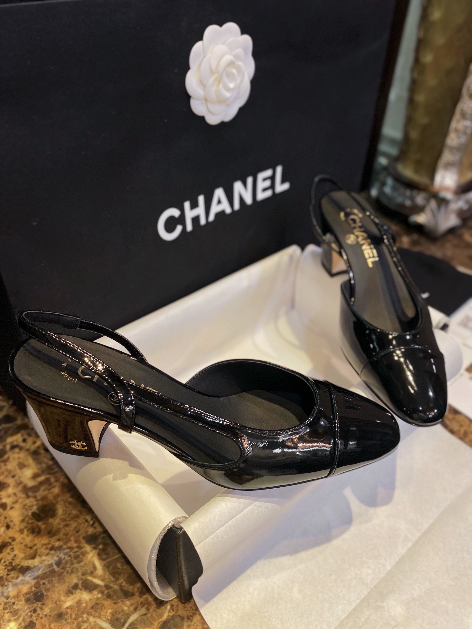 Chanel Glossy Patent Leather Slingback High Heels: Ultra-Black, Ultra-Shiny, and Ultra-Soft So Black Leather, with Pure Steel Hardware and Italian Leather Sole