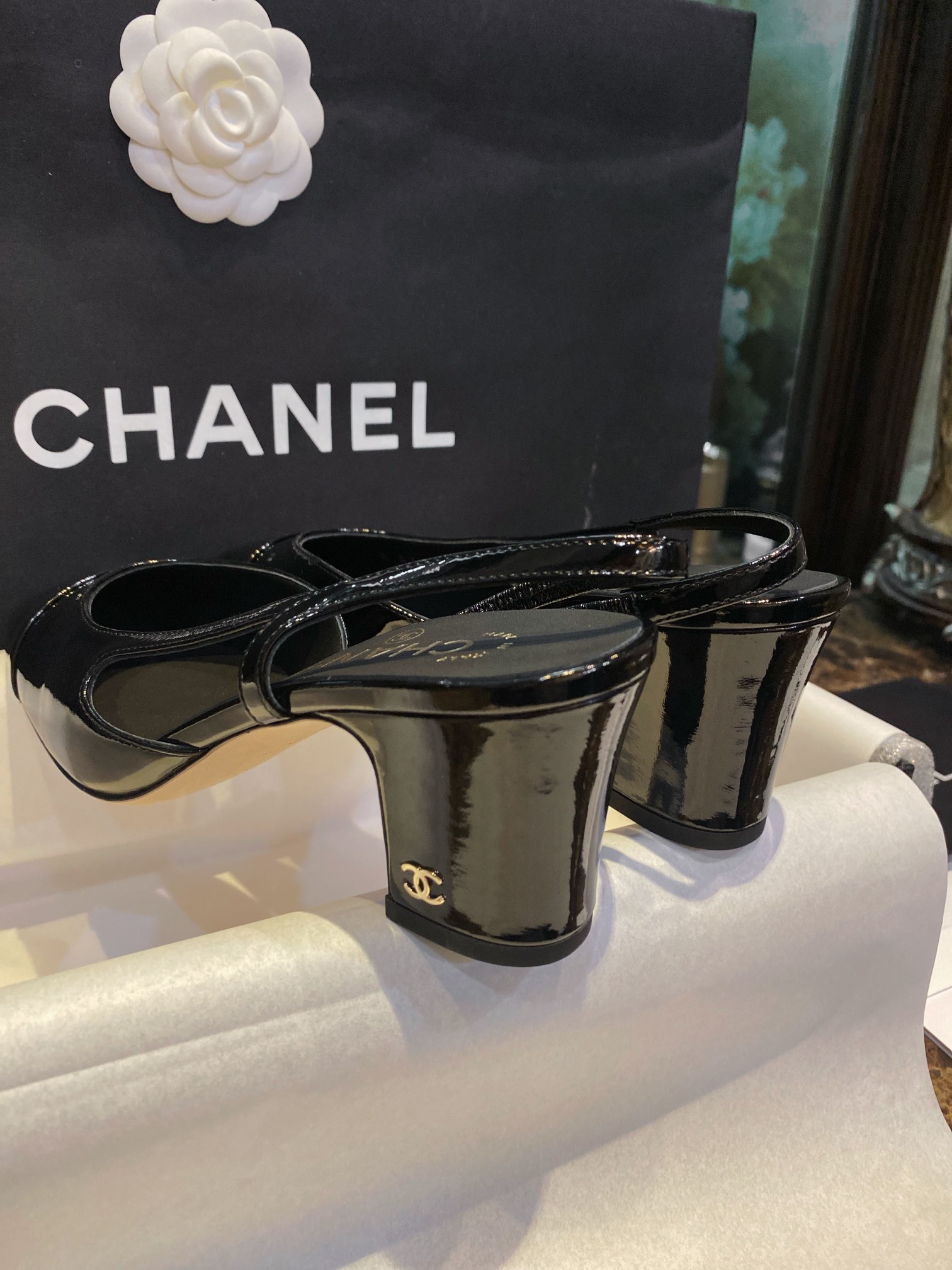 Chanel Glossy Patent Leather Slingback High Heels: Ultra-Black, Ultra-Shiny, and Ultra-Soft So Black Leather, with Pure Steel Hardware and Italian Leather Sole