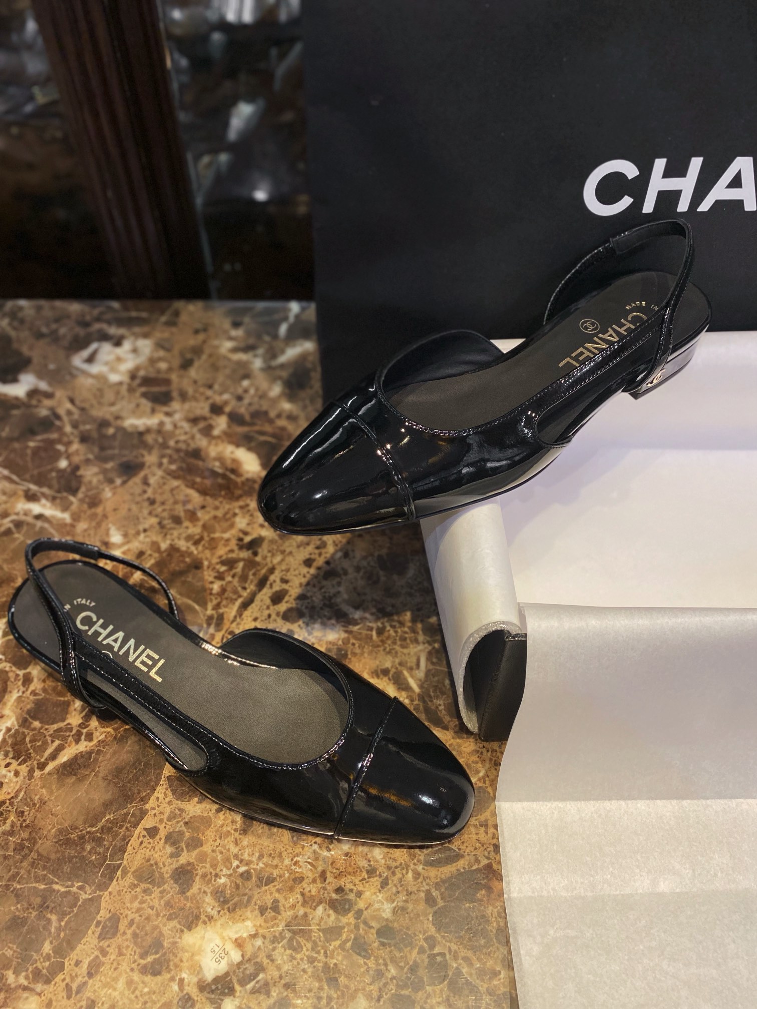 Chanel Patent Leather Slingback Flats: Imported Calfskin Patent Leather with Sheepskin Lining, Clear Inner Code and Toe Imprint