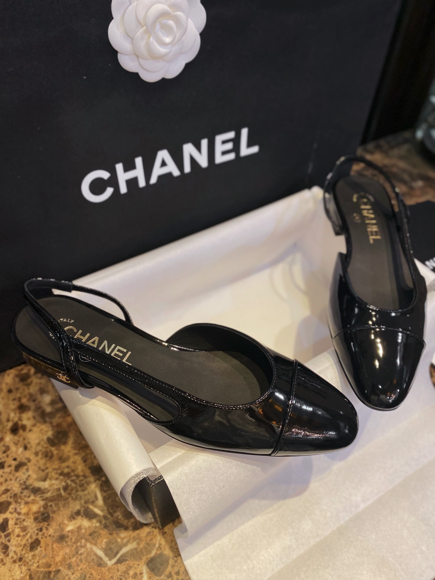 Chanel Patent Leather Slingback Flats: Imported Calfskin Patent Leather with Sheepskin Lining, Clear Inner Code and Toe Imprint