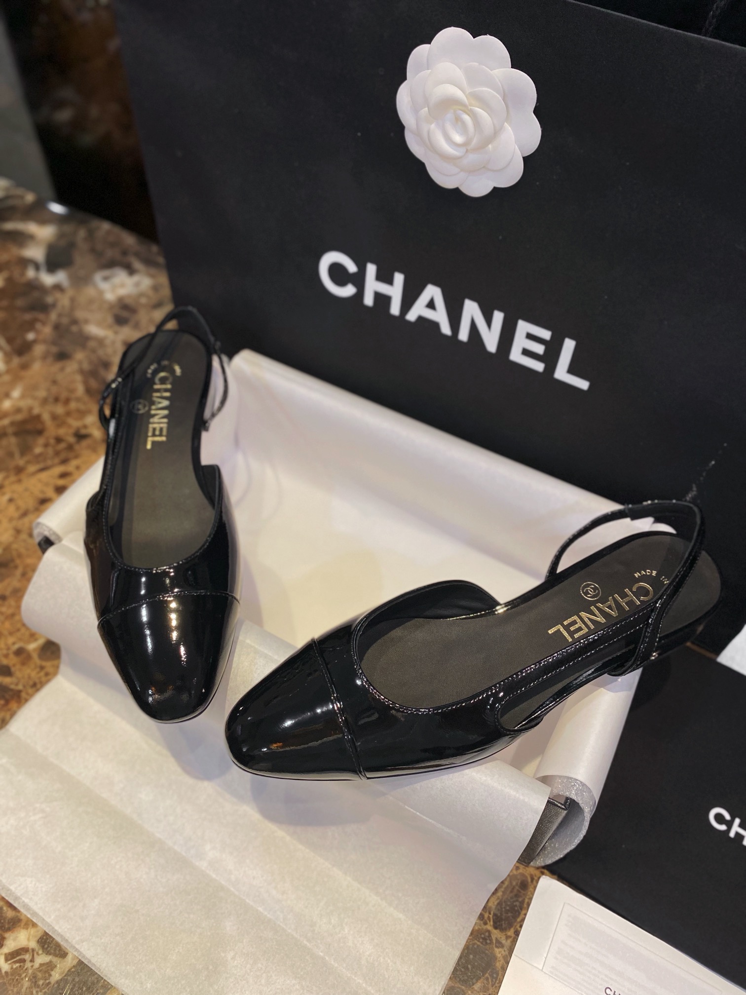 Chanel Patent Leather Slingback Flats: Imported Calfskin Patent Leather with Sheepskin Lining, Clear Inner Code and Toe Imprint