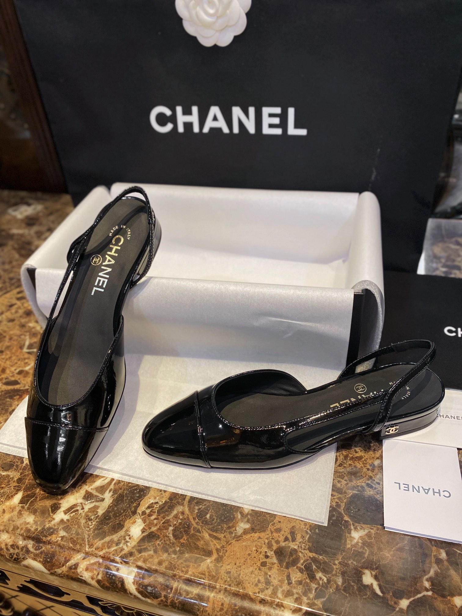 Chanel Patent Leather Slingback Flats: Imported Calfskin Patent Leather with Sheepskin Lining, Clear Inner Code and Toe Imprint