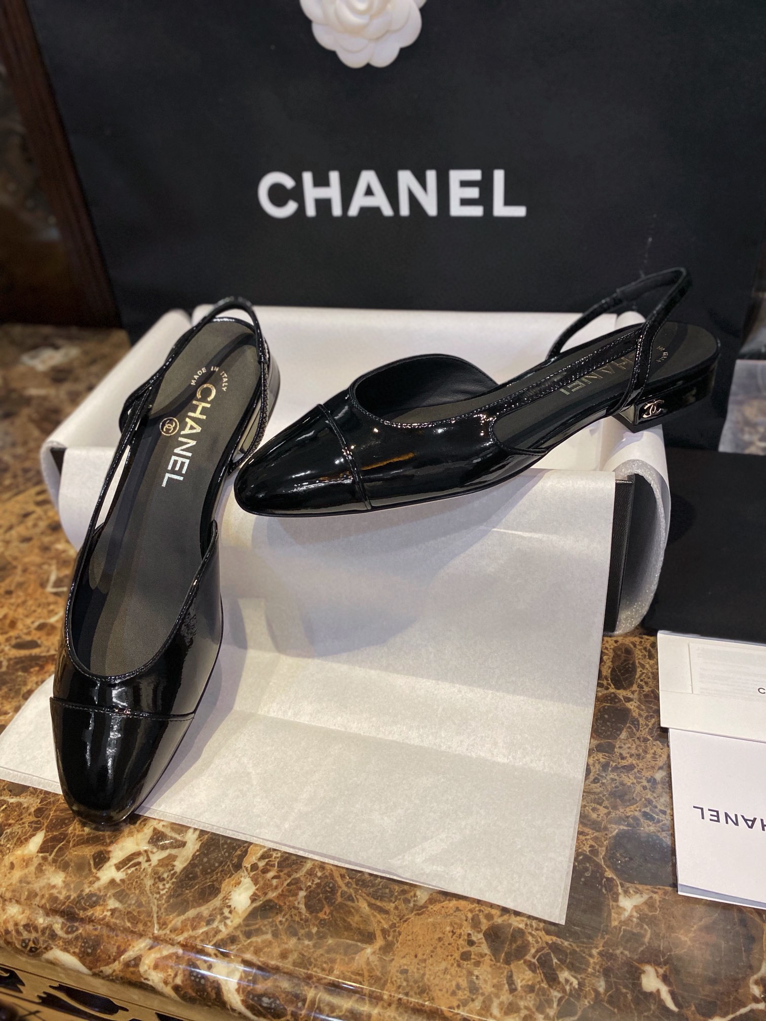 Chanel Patent Leather Slingback Flats: Imported Calfskin Patent Leather with Sheepskin Lining, Clear Inner Code and Toe Imprint