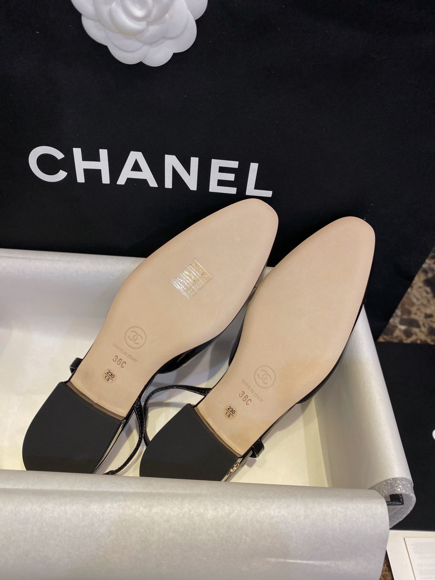 Chanel Patent Leather Slingback Flats: Imported Calfskin Patent Leather with Sheepskin Lining, Clear Inner Code and Toe Imprint