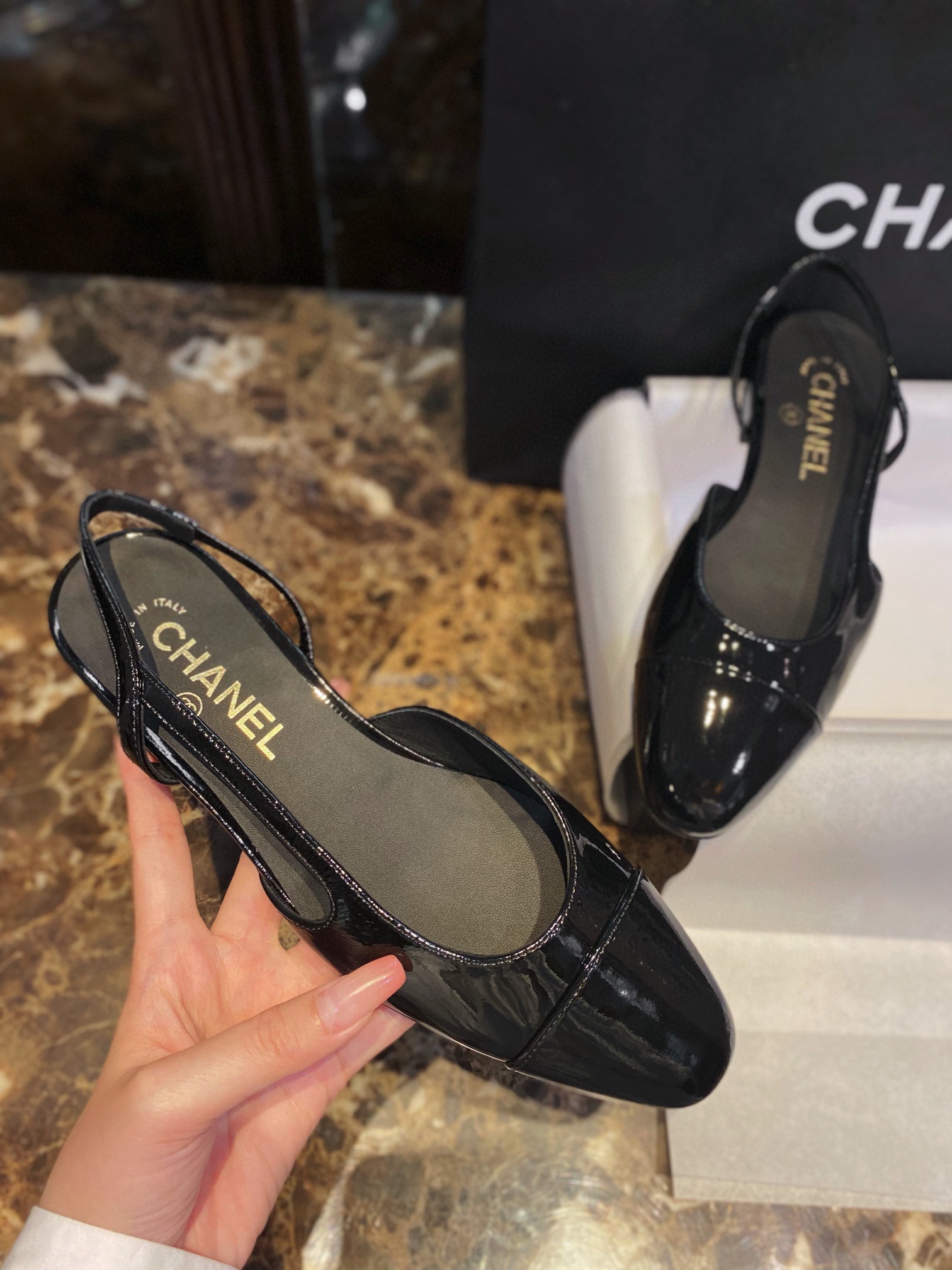 Chanel Patent Leather Slingback Flats: Imported Calfskin Patent Leather with Sheepskin Lining, Clear Inner Code and Toe Imprint